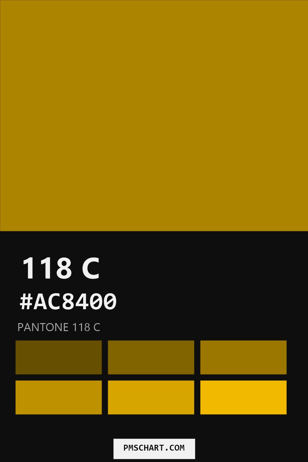 Pantone 118 C color reference card (HEX #AC8400) with six nearest Pantone matches