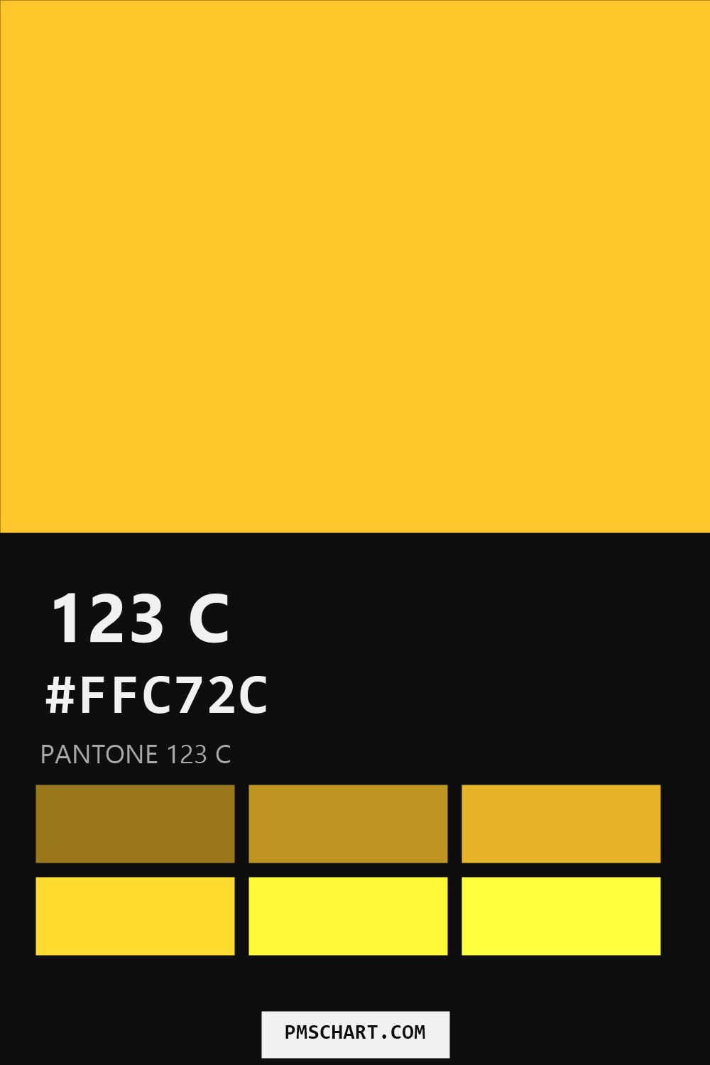 Pantone 123 C color reference card (HEX #FFC72C) with six nearest Pantone matches