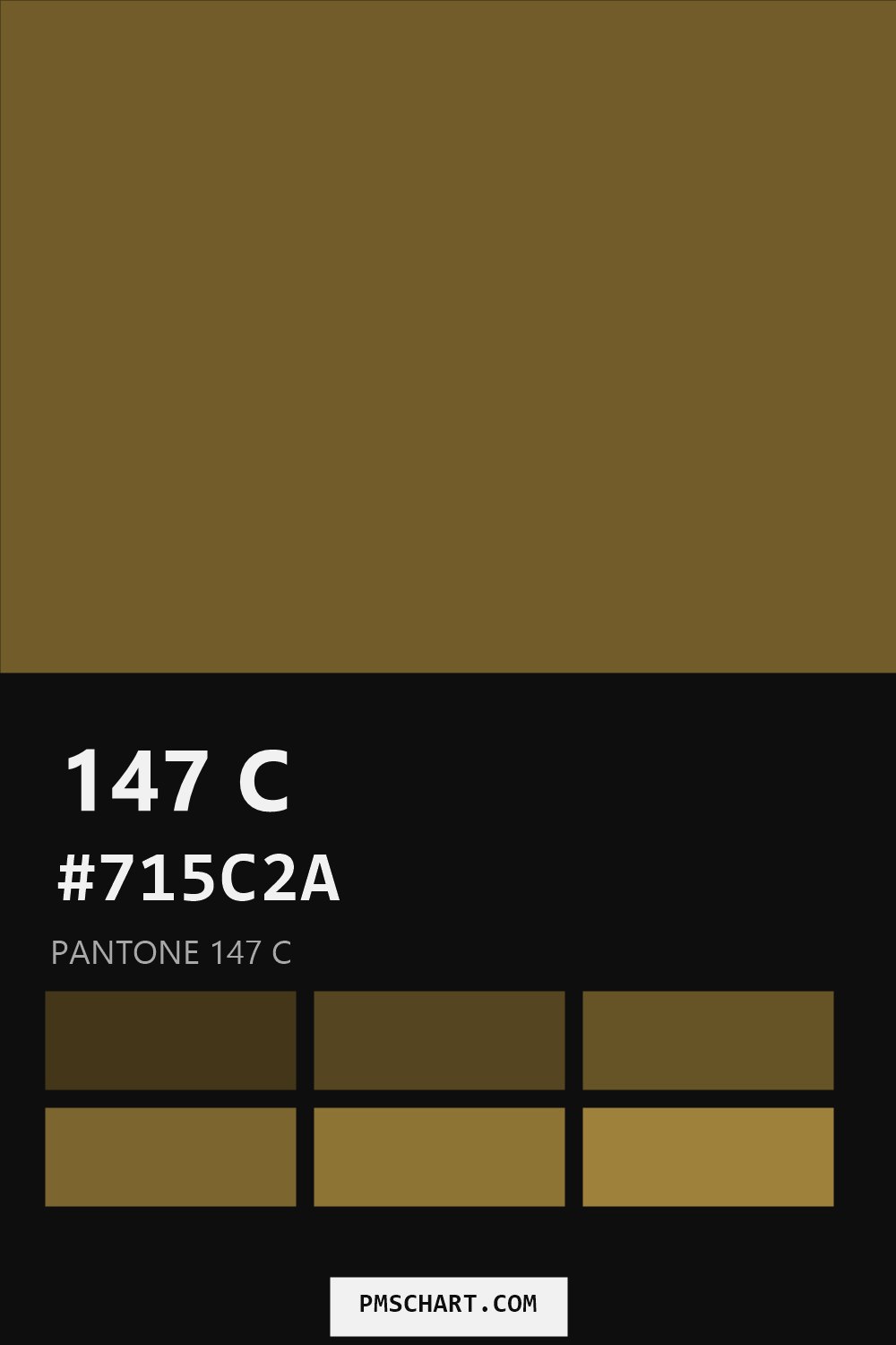 Pantone 147 C color reference card (HEX #715C2A) with six nearest Pantone matches
