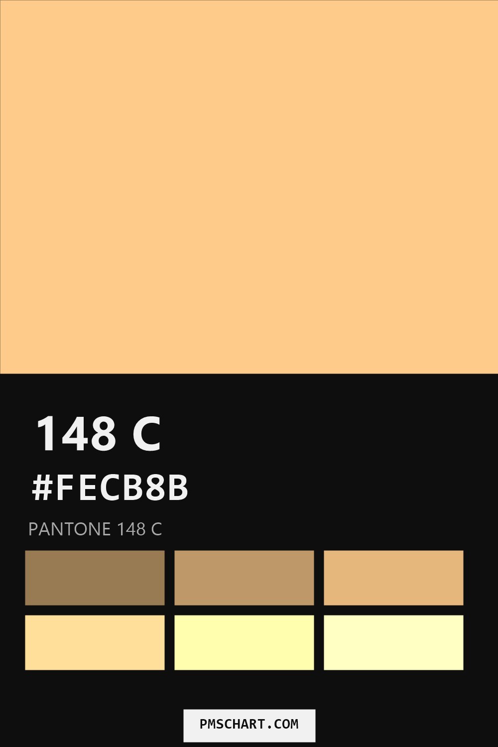 Pantone 148 C color reference card (HEX #FECB8B) with six nearest Pantone matches