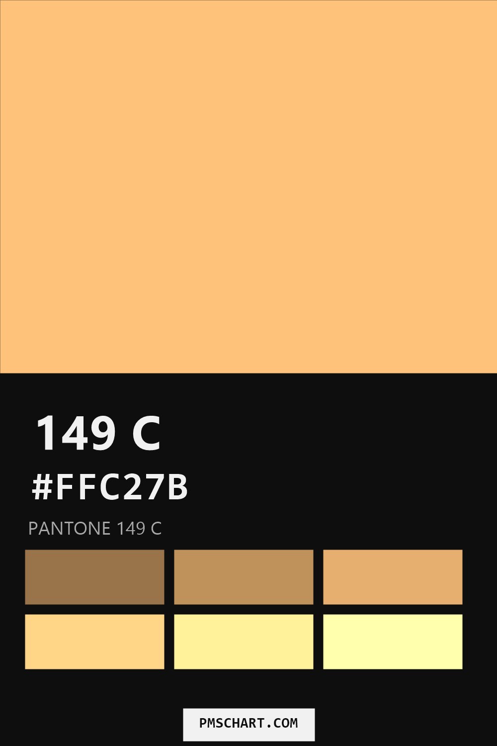 Pantone 149 C color reference card (HEX #FFC27B) with six nearest Pantone matches