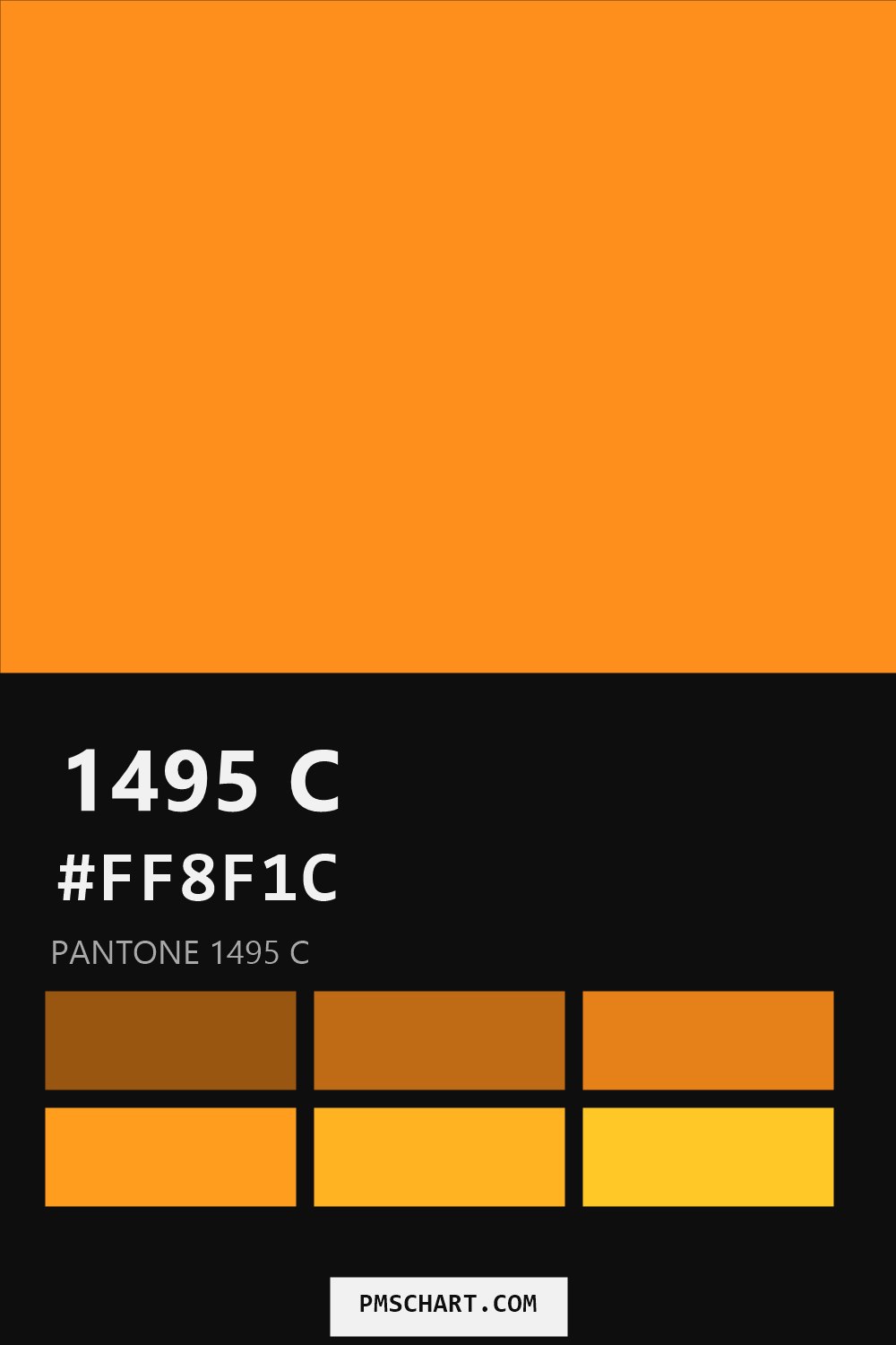 Pantone 1495 C color reference card (HEX #FF8F1C) with six nearest Pantone matches