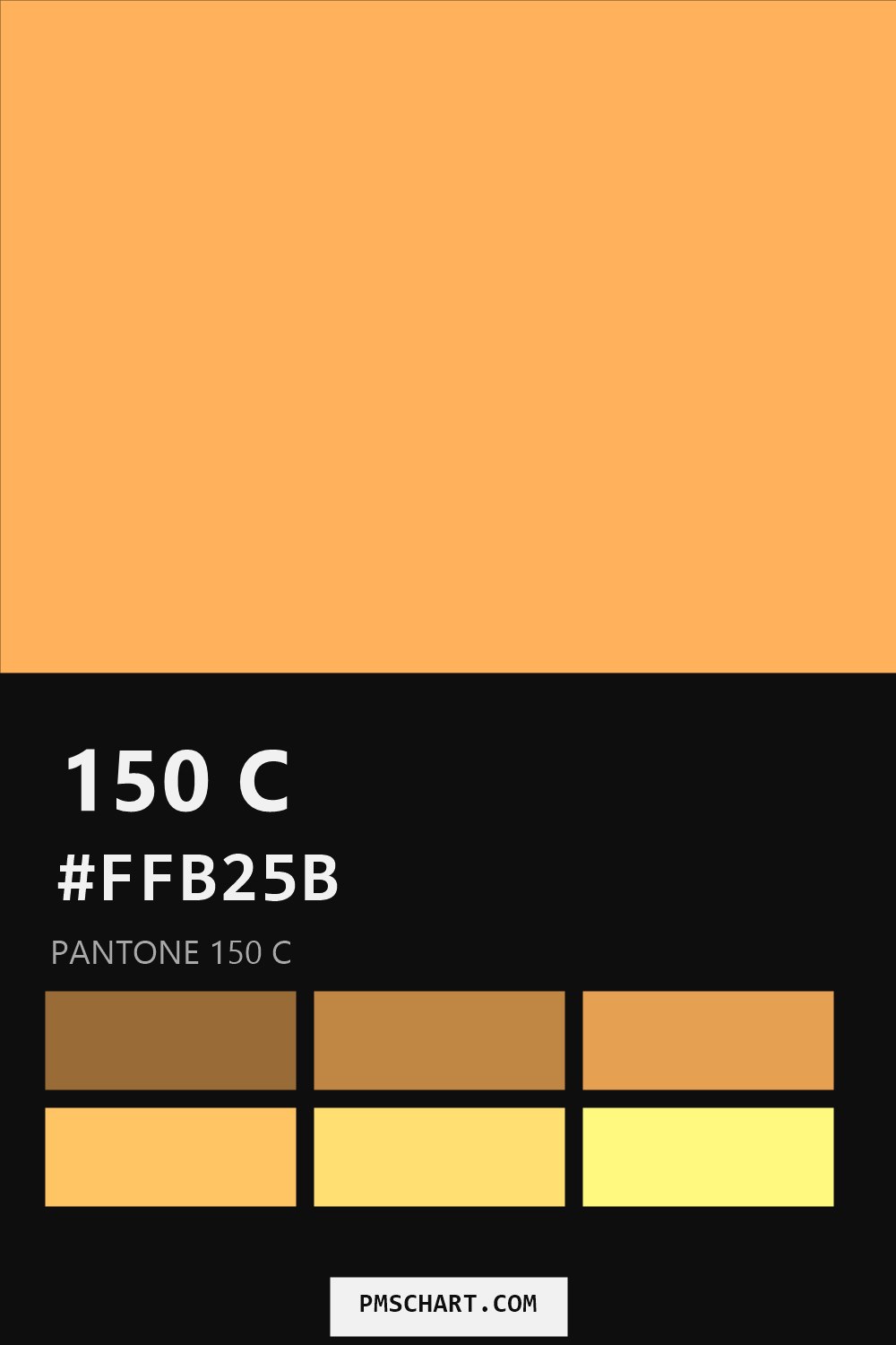 Pantone 150 C color reference card (HEX #FFB25B) with six nearest Pantone matches