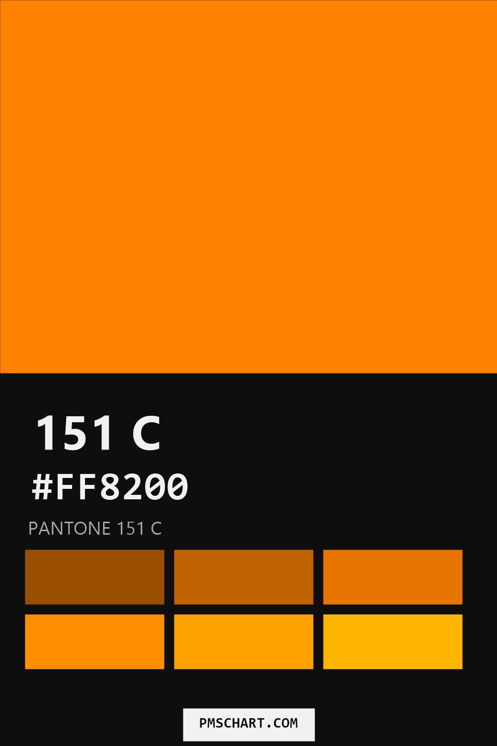 Pantone 151 C color reference card (HEX #FF8200) with six nearest Pantone matches