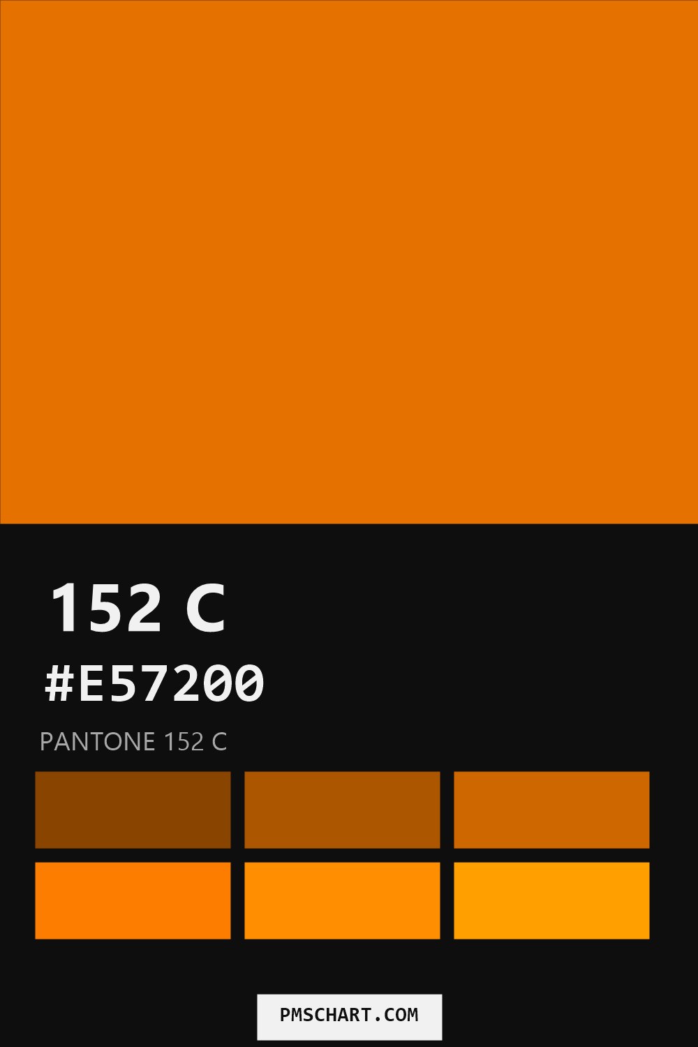 Pantone 152 C color reference card (HEX #E57200) with six nearest Pantone matches