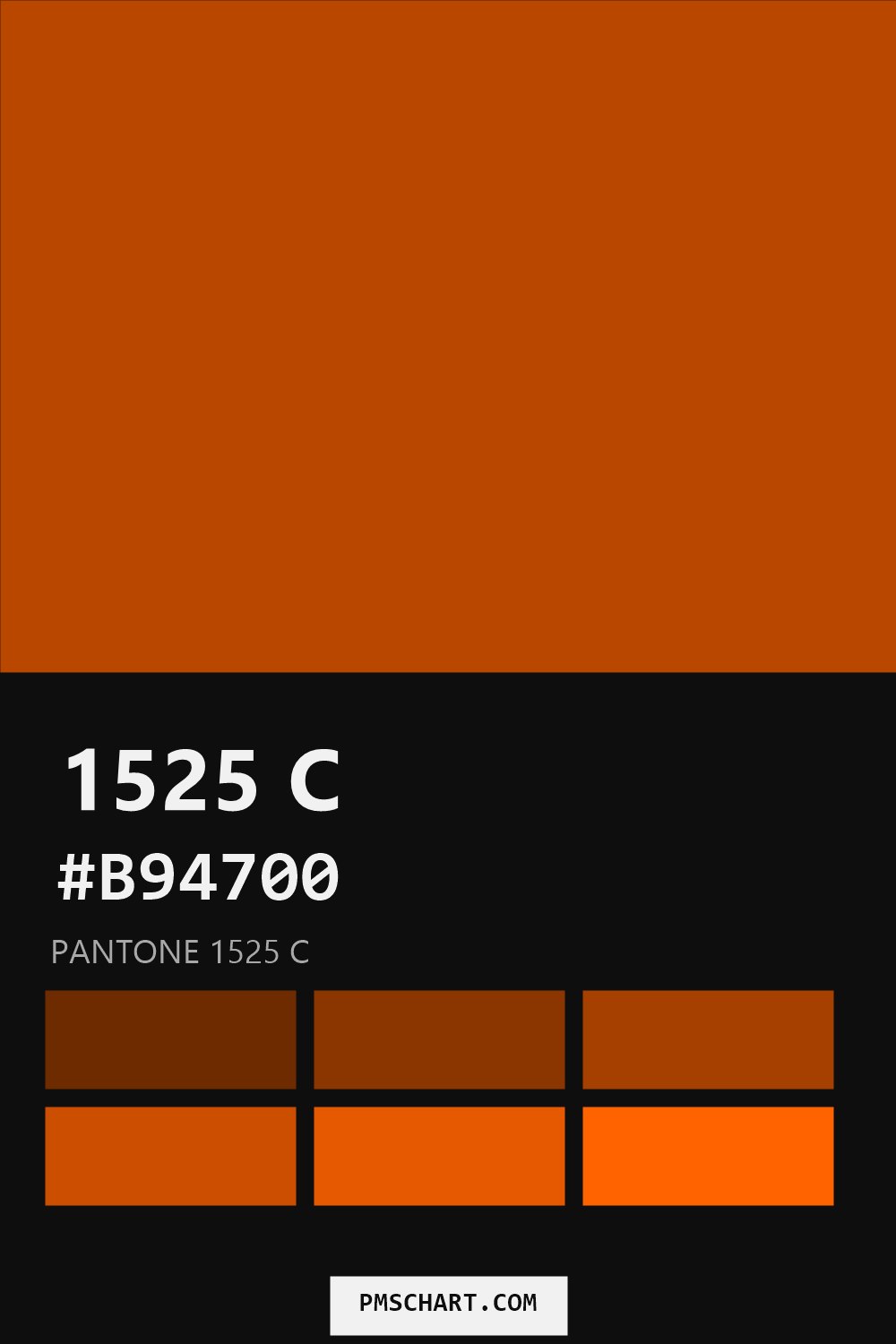 Pantone 1525 C color reference card (HEX #B94700) with six nearest Pantone matches