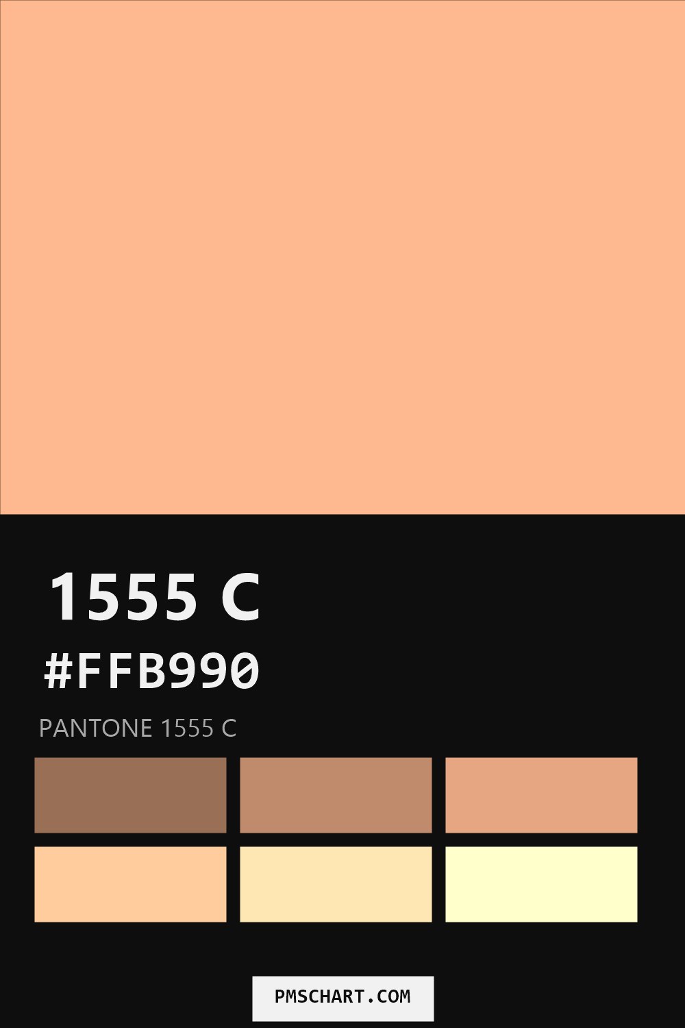 Pantone 1555 C color reference card (HEX #FFB990) with six nearest Pantone matches
