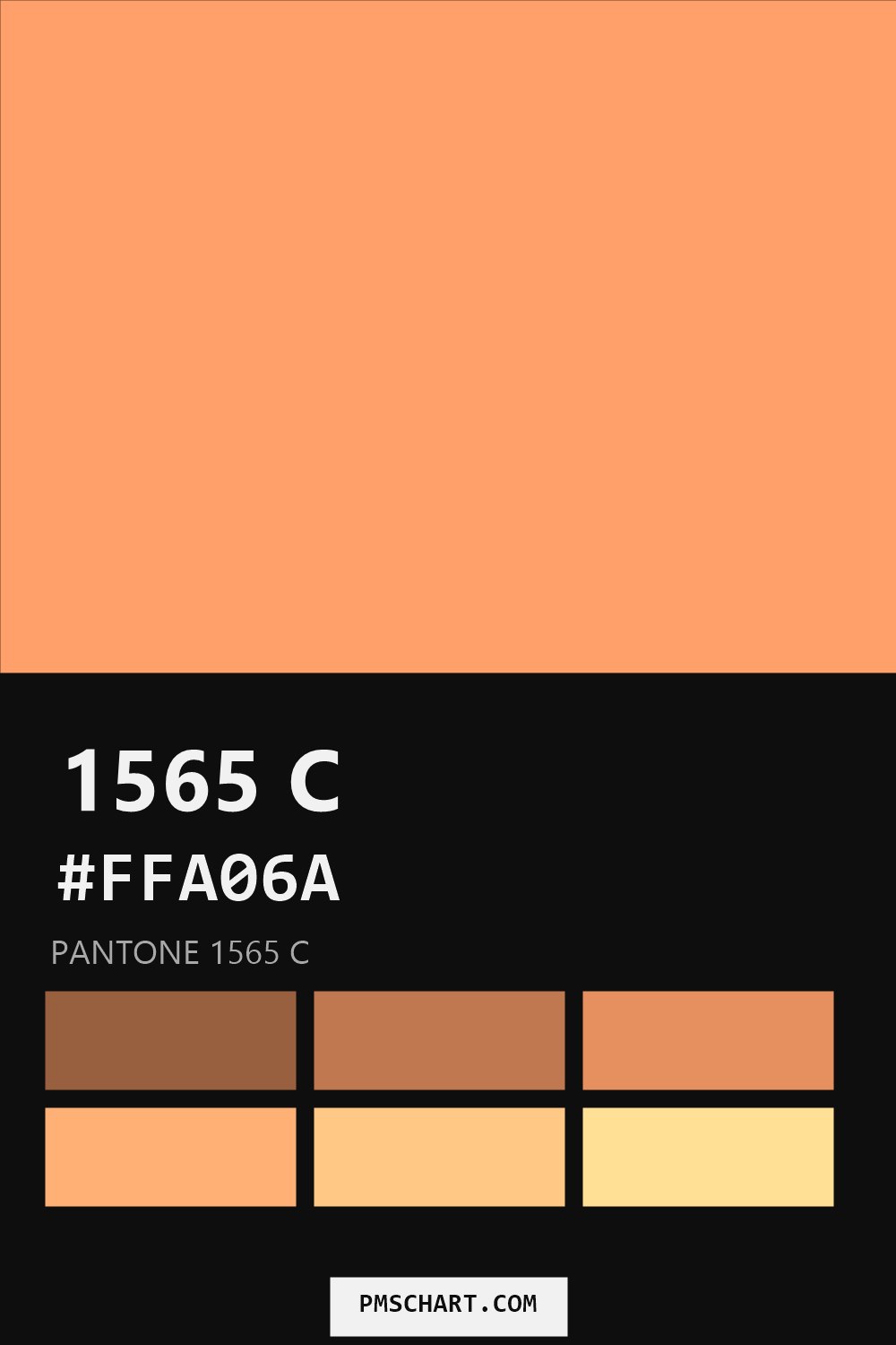Pantone 1565 C color reference card (HEX #FFA06A) with six nearest Pantone matches