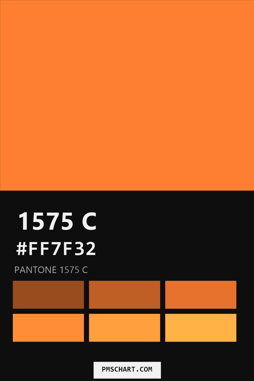 Pantone 1575 C color reference card (HEX #FF7F32) with six nearest Pantone matches