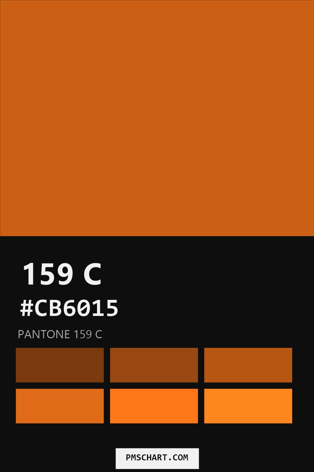 Pantone 159 C color reference card (HEX #CB6015) with six nearest Pantone matches