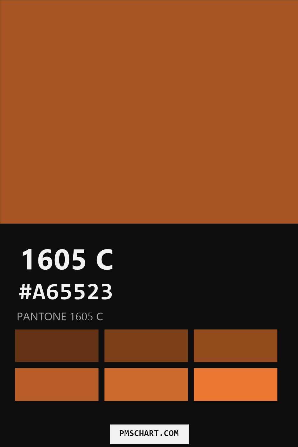 Pantone 1605 C color reference card (HEX #A65523) with six nearest Pantone matches