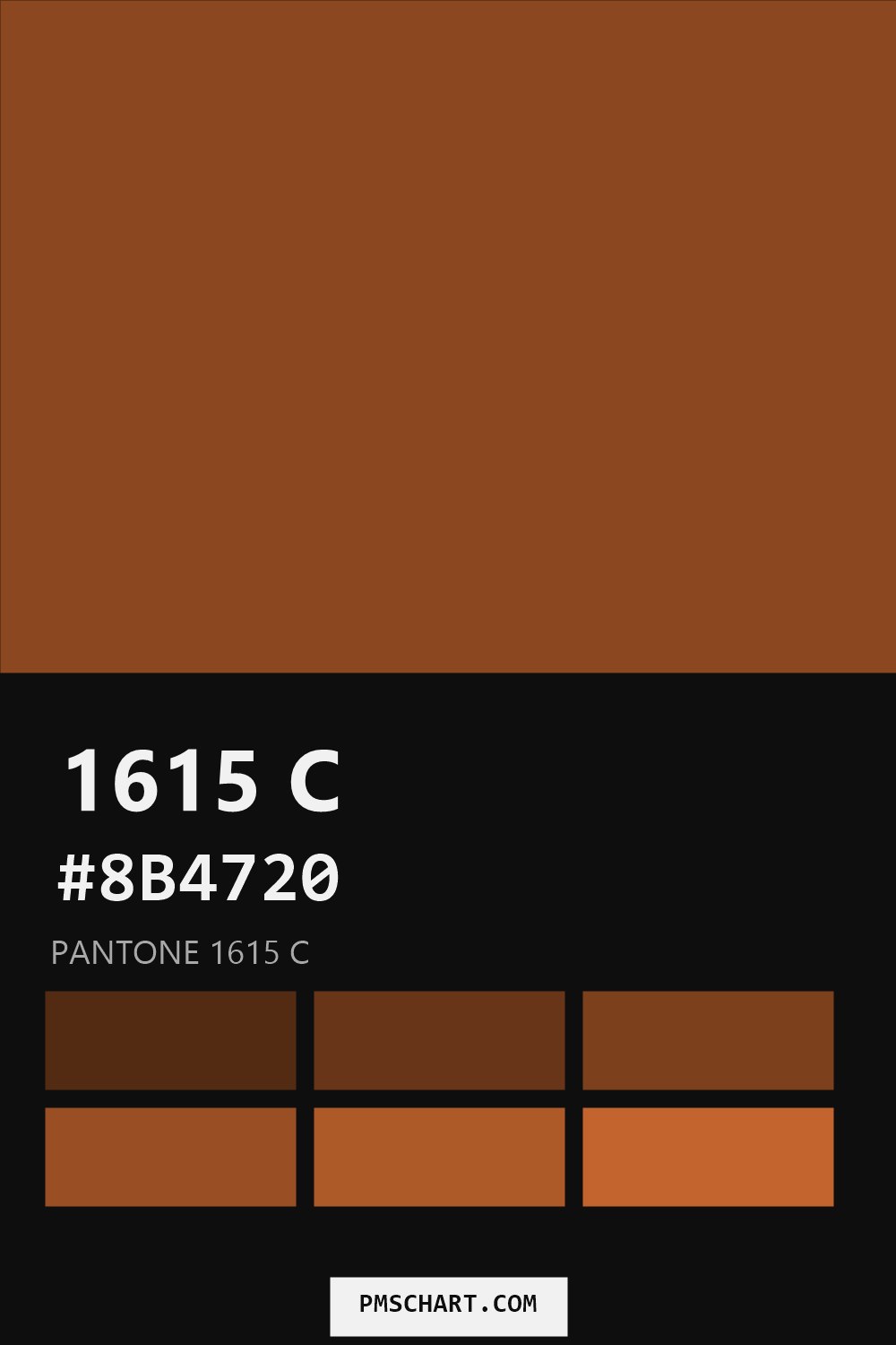 Pantone 1615 C color reference card (HEX #8B4720) with six nearest Pantone matches