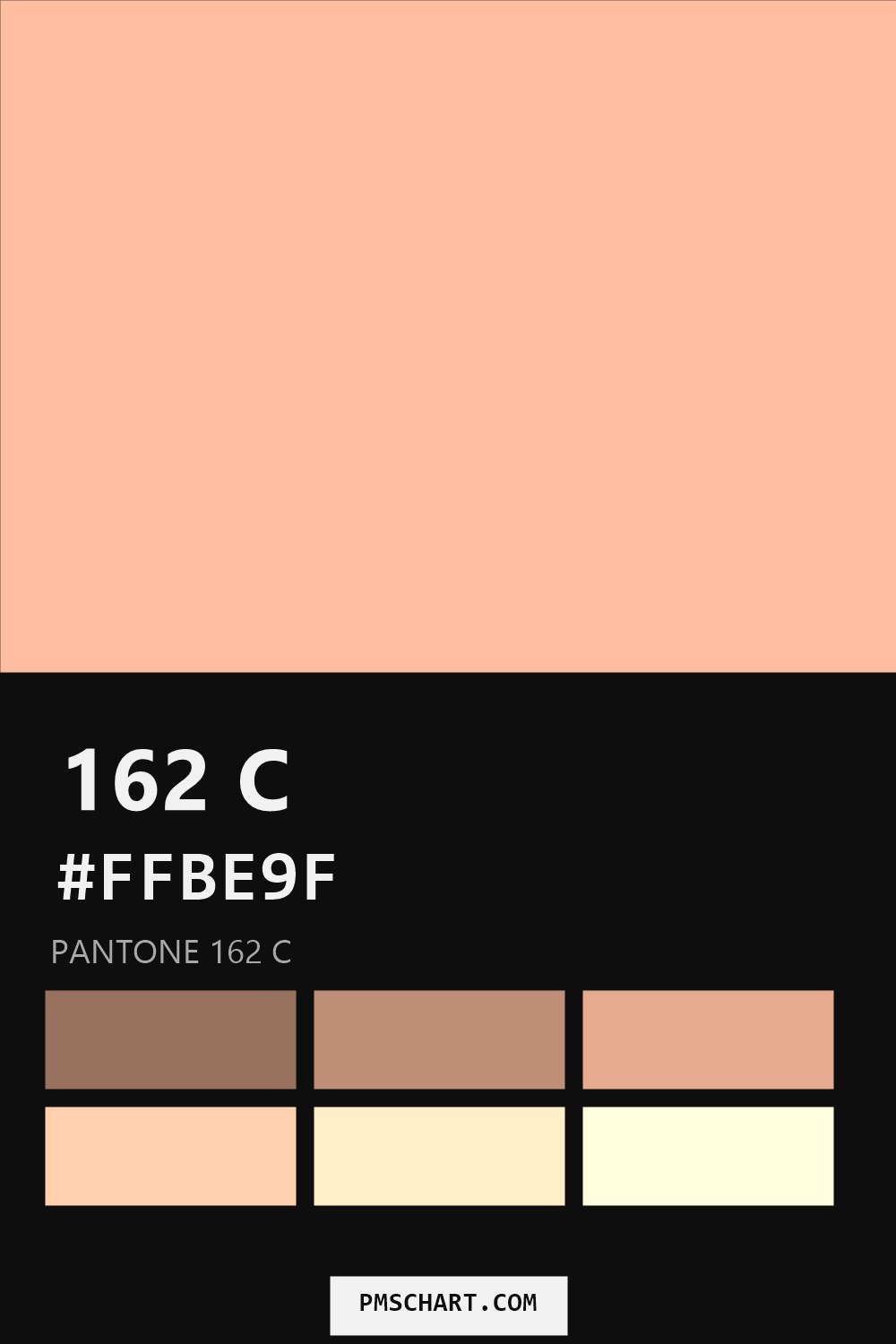 Pantone 162 C color reference card (HEX #FFBE9F) with six nearest Pantone matches