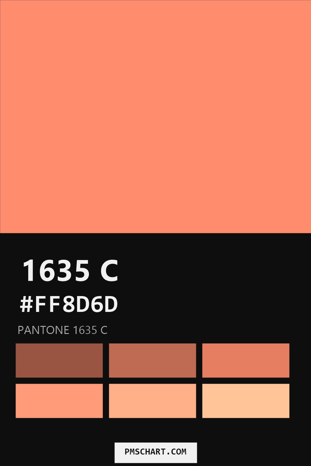 Pantone 1635 C color reference card (HEX #FF8D6D) with six nearest Pantone matches