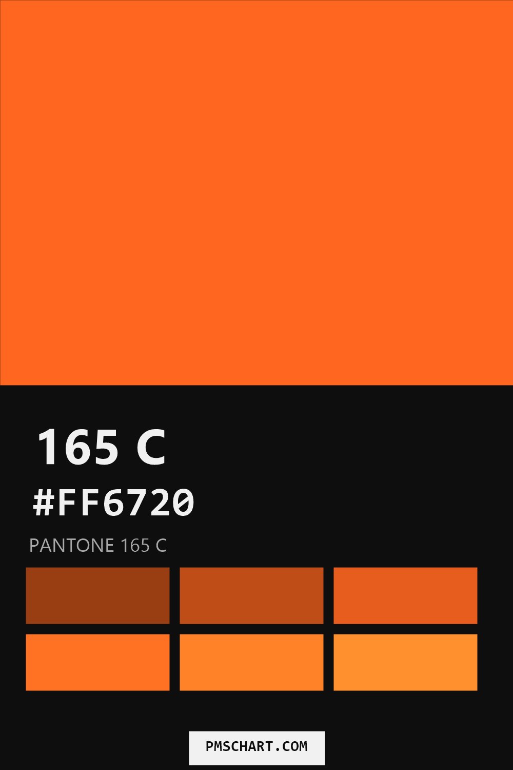 Pantone 165 C color reference card (HEX #FF6720) with six nearest Pantone matches