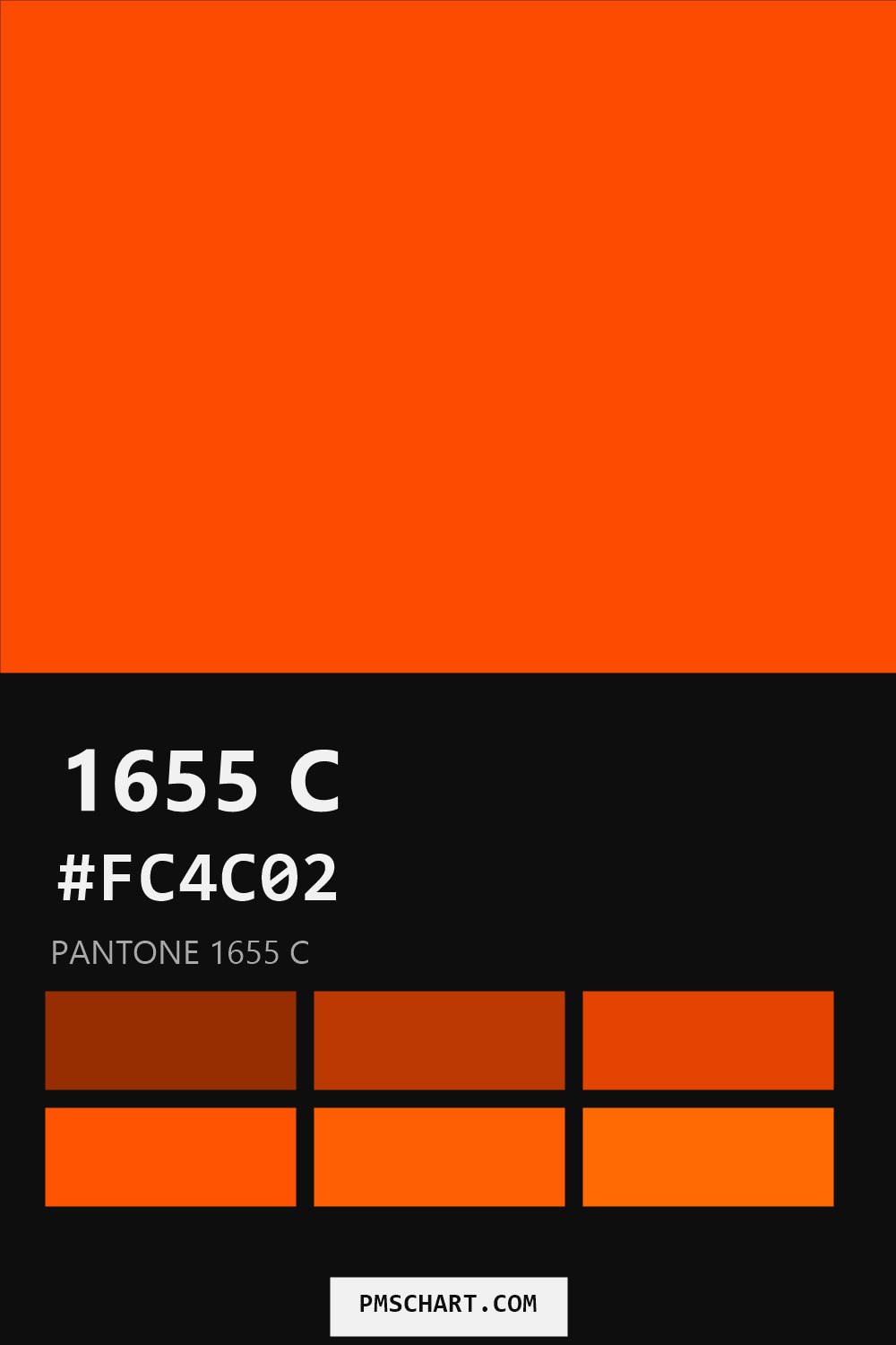 Pantone 1655 C color reference card (HEX #FC4C02) with six nearest Pantone matches