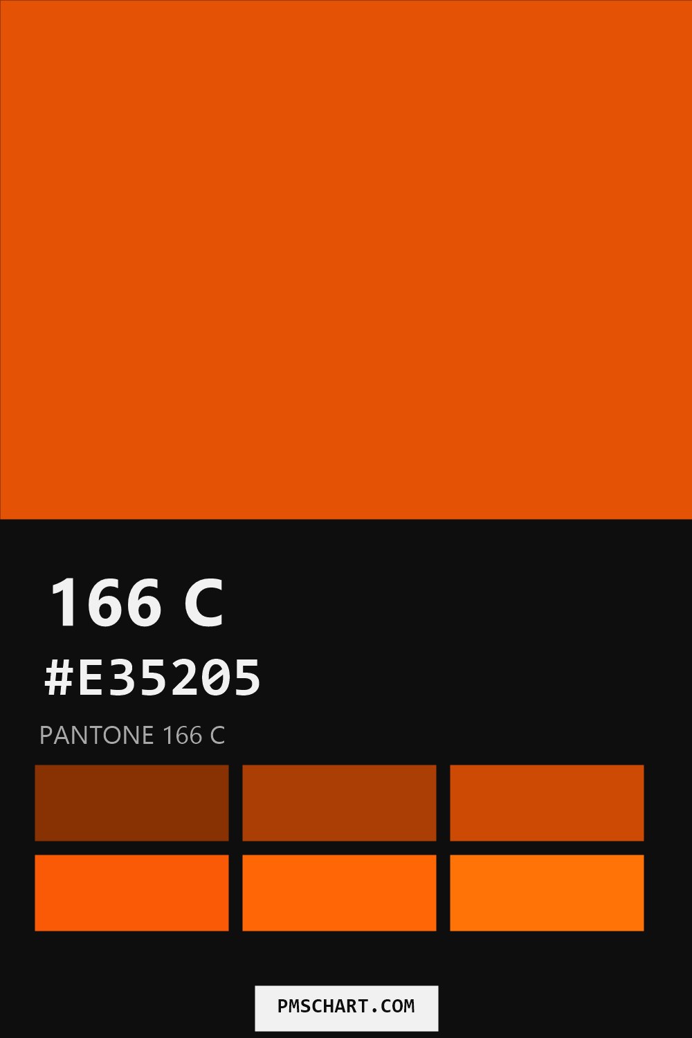 Pantone 166 C color reference card (HEX #E35205) with six nearest Pantone matches