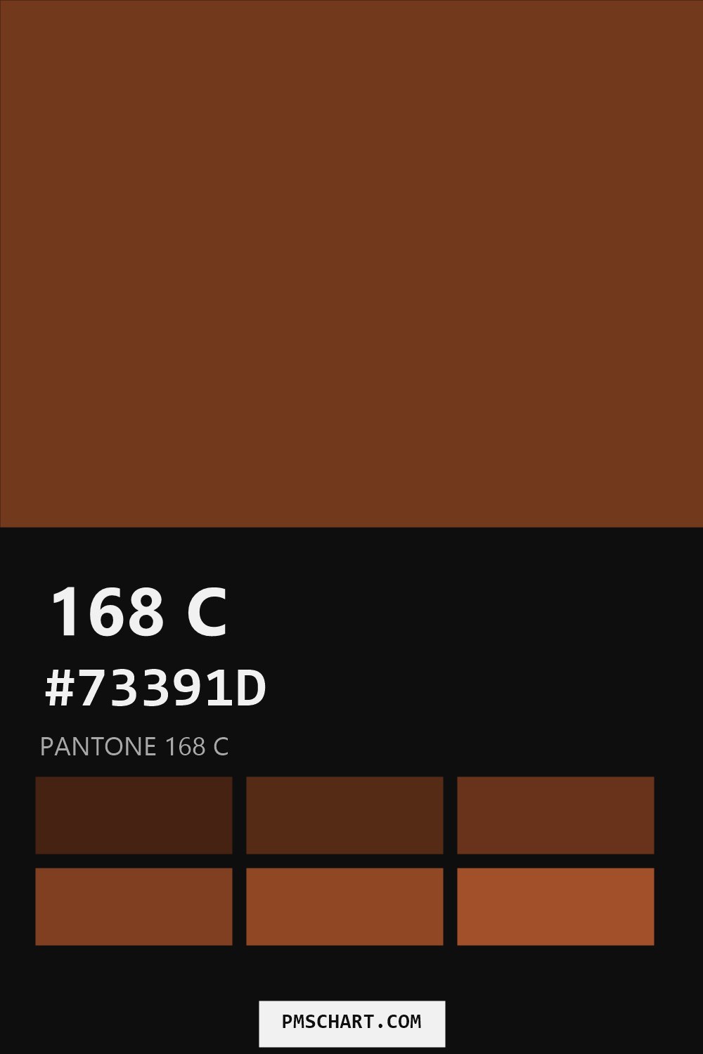 Pantone 168 C color reference card (HEX #73391D) with six nearest Pantone matches