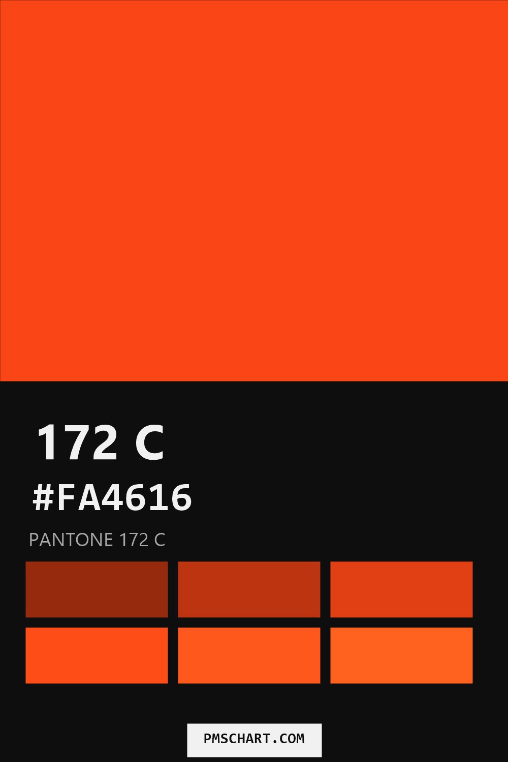 Pantone 172 C color reference card (HEX #FA4616) with six nearest Pantone matches