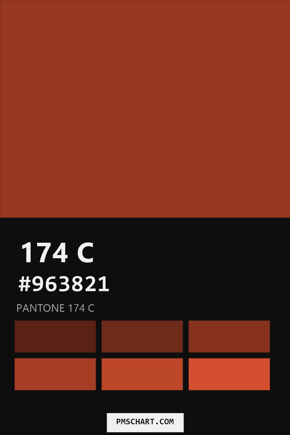 Pantone 174 C color reference card (HEX #963821) with six nearest Pantone matches