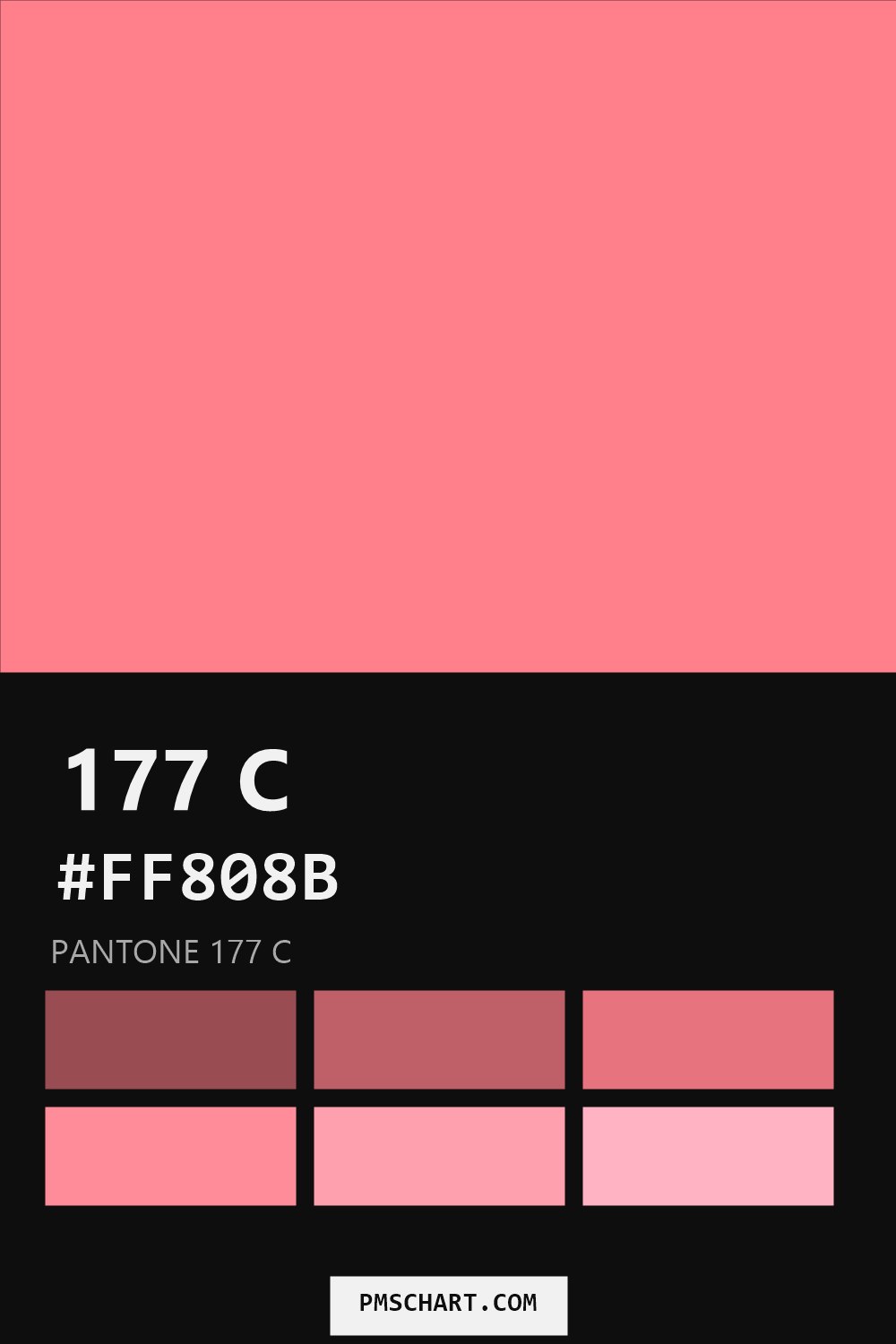 Pantone 177 C color reference card (HEX #FF808B) with six nearest Pantone matches
