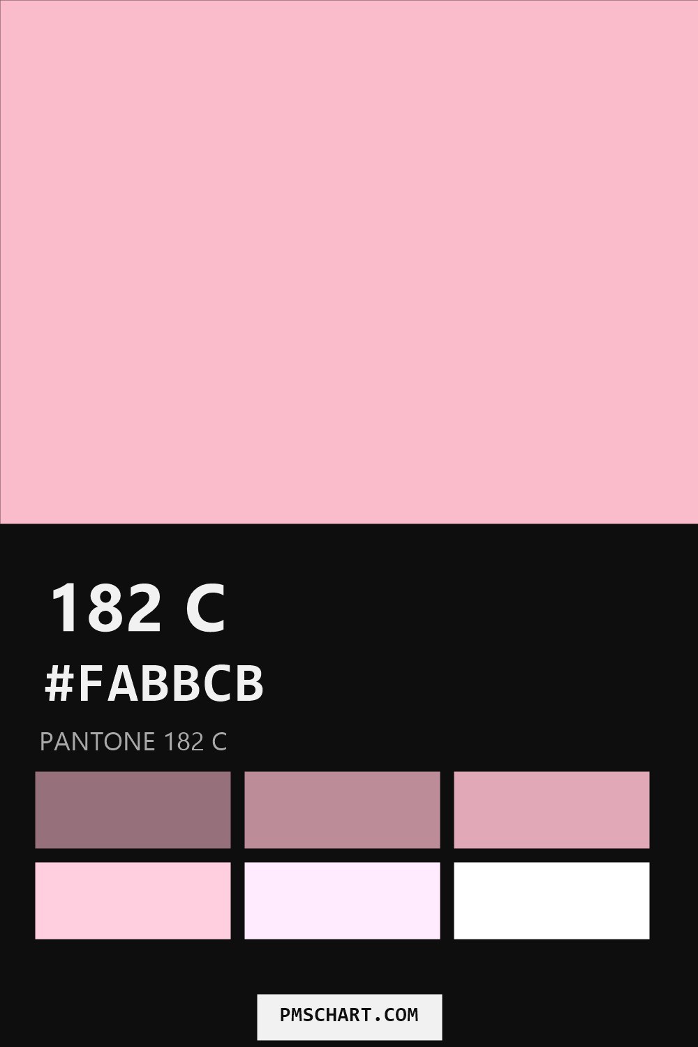 Pantone 182 C color reference card (HEX #FABBCB) with six nearest Pantone matches