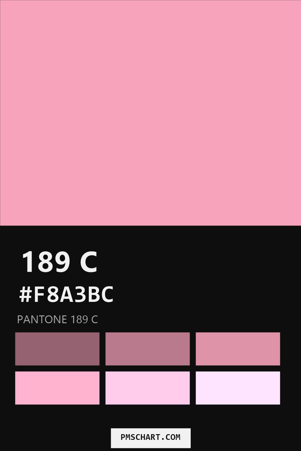 Pantone 189 C color reference card (HEX #F8A3BC) with six nearest Pantone matches