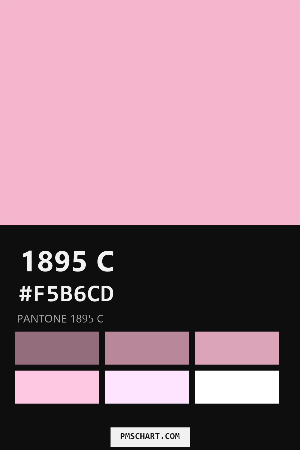 Pantone 1895 C color reference card (HEX #F5B6CD) with six nearest Pantone matches