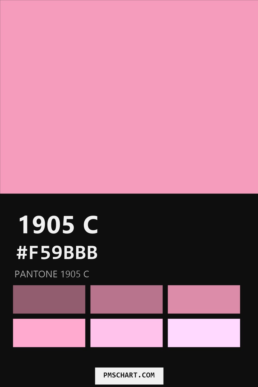 Pantone 1905 C color reference card (HEX #F59BBB) with six nearest Pantone matches