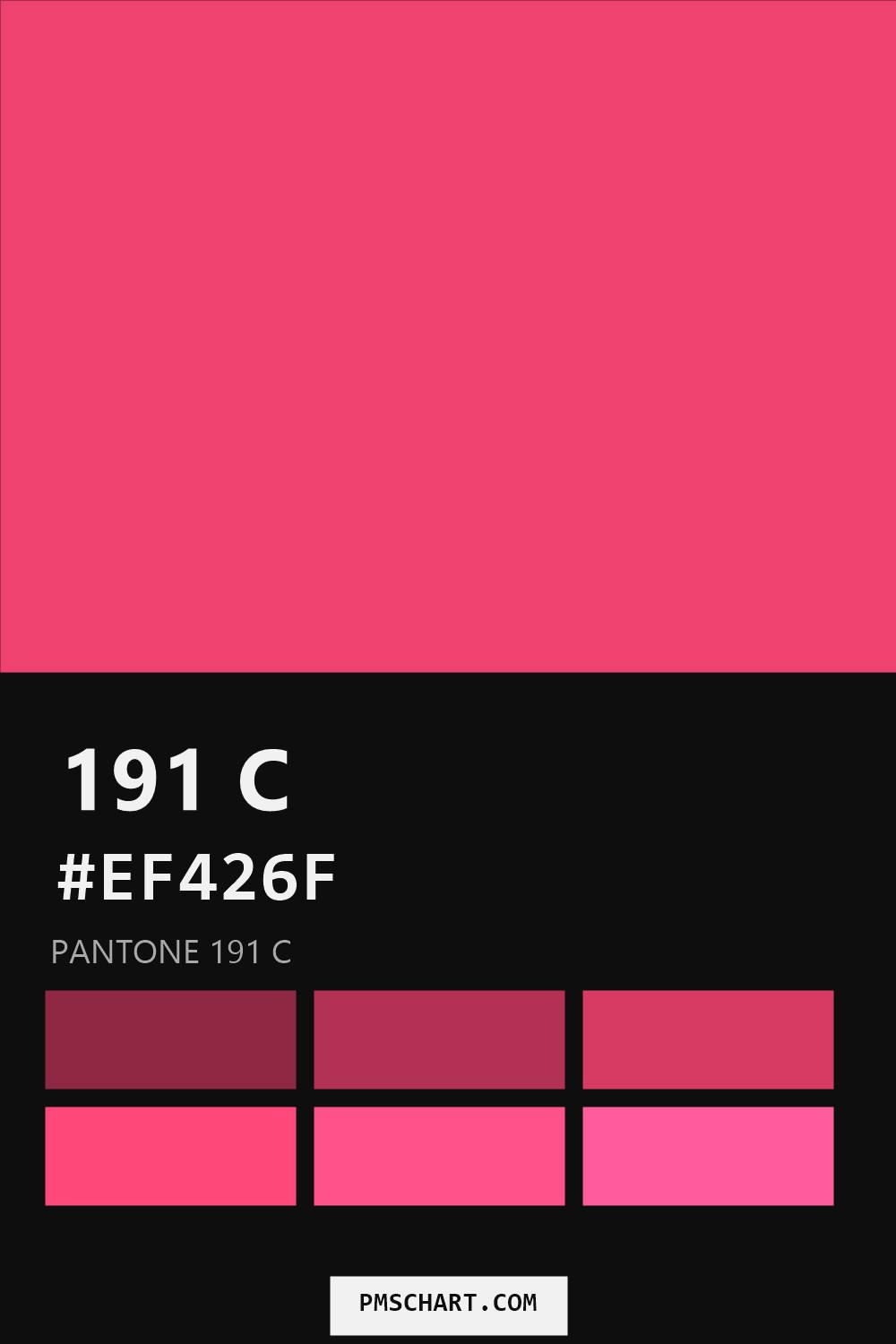 Pantone 191 C color reference card (HEX #EF426F) with six nearest Pantone matches