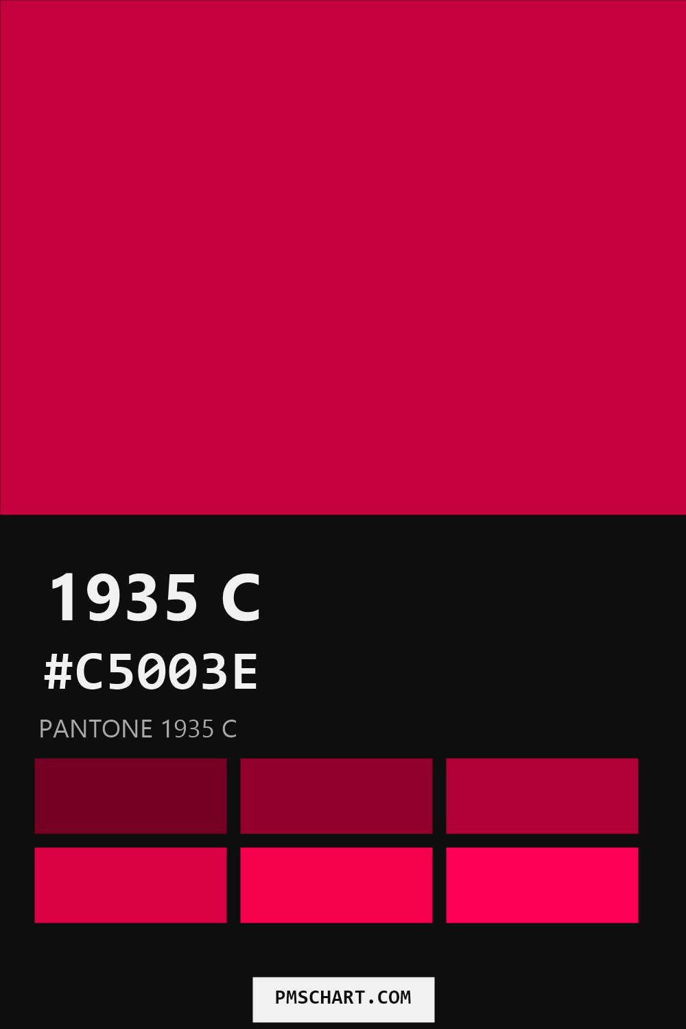 Pantone 1935 C color reference card (HEX #C5003E) with six nearest Pantone matches