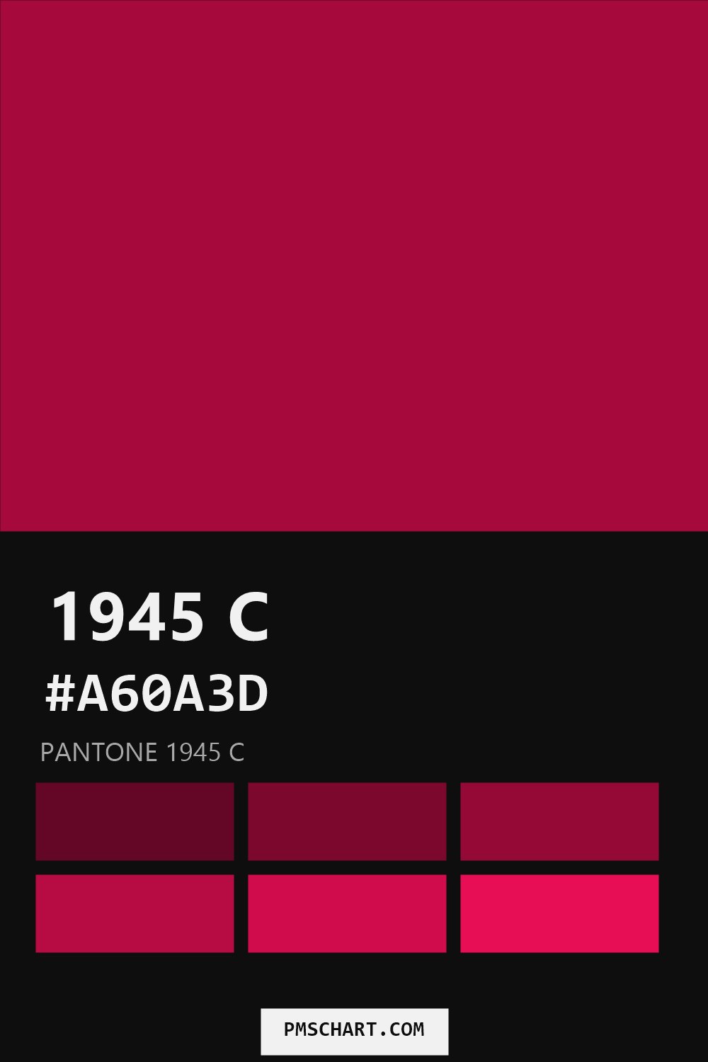 Pantone 1945 C color reference card (HEX #A60A3D) with six nearest Pantone matches