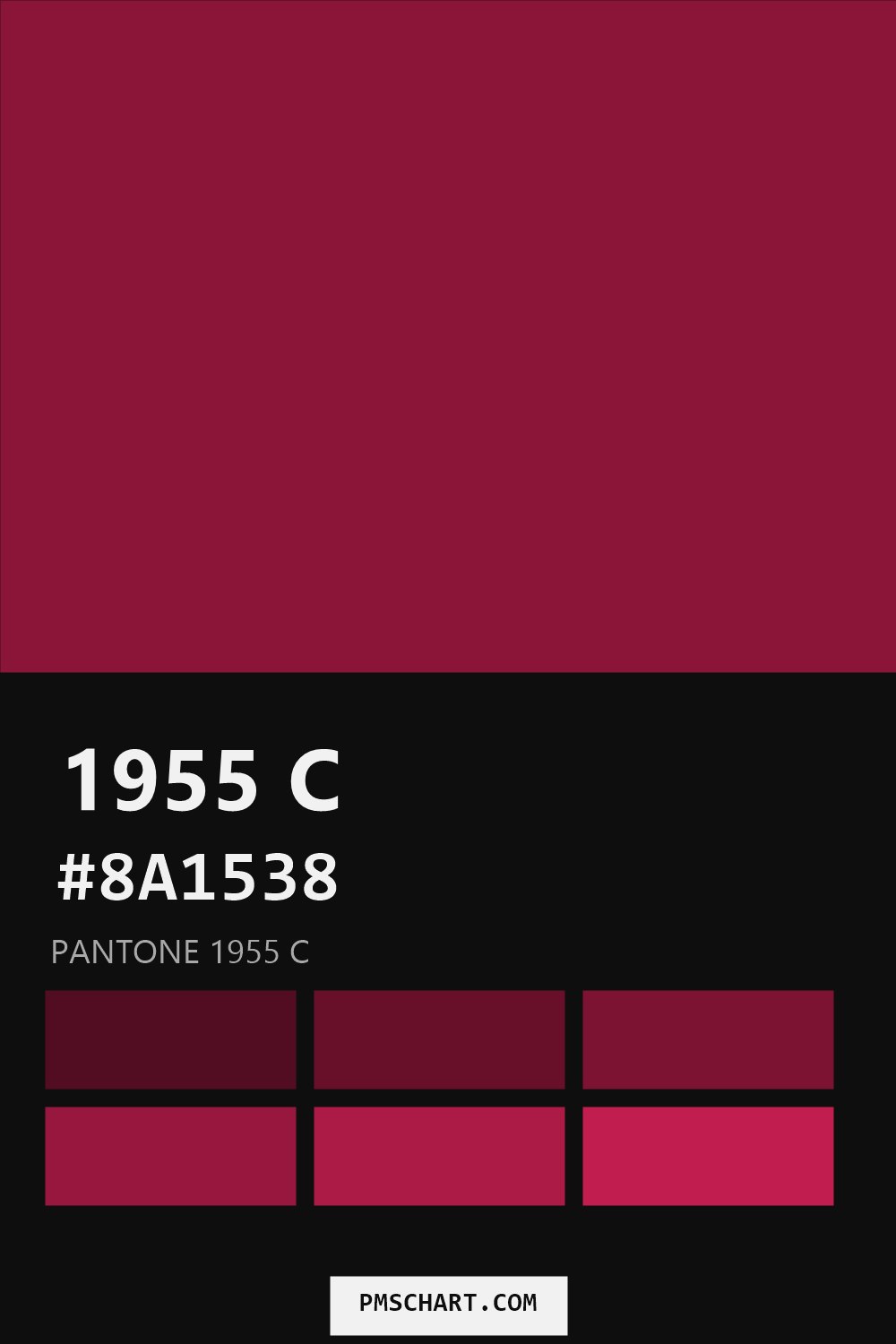 Pantone 1955 C color reference card (HEX #8A1538) with six nearest Pantone matches