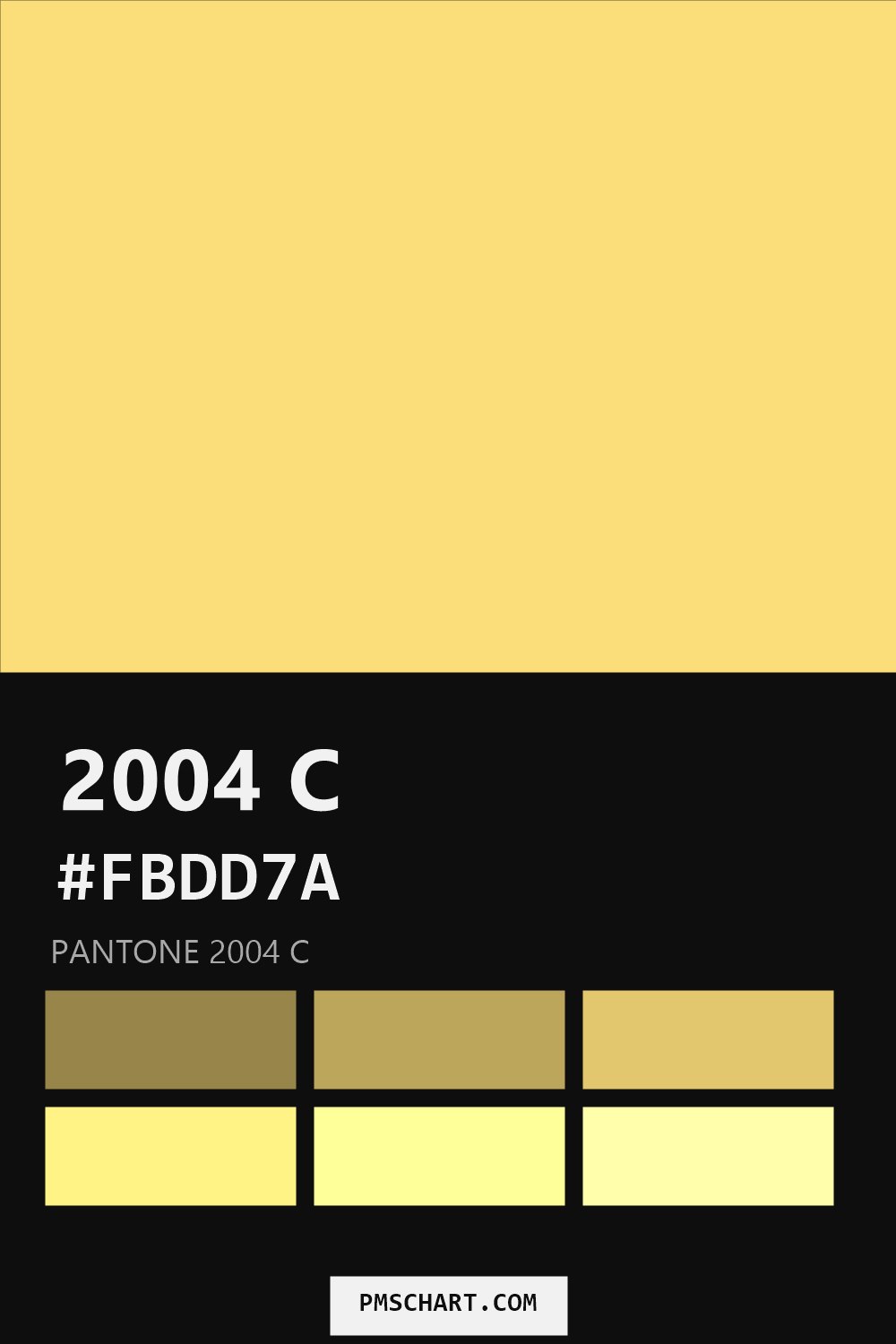 Pantone 2004 C color reference card (HEX #FBDD7A) with six nearest Pantone matches