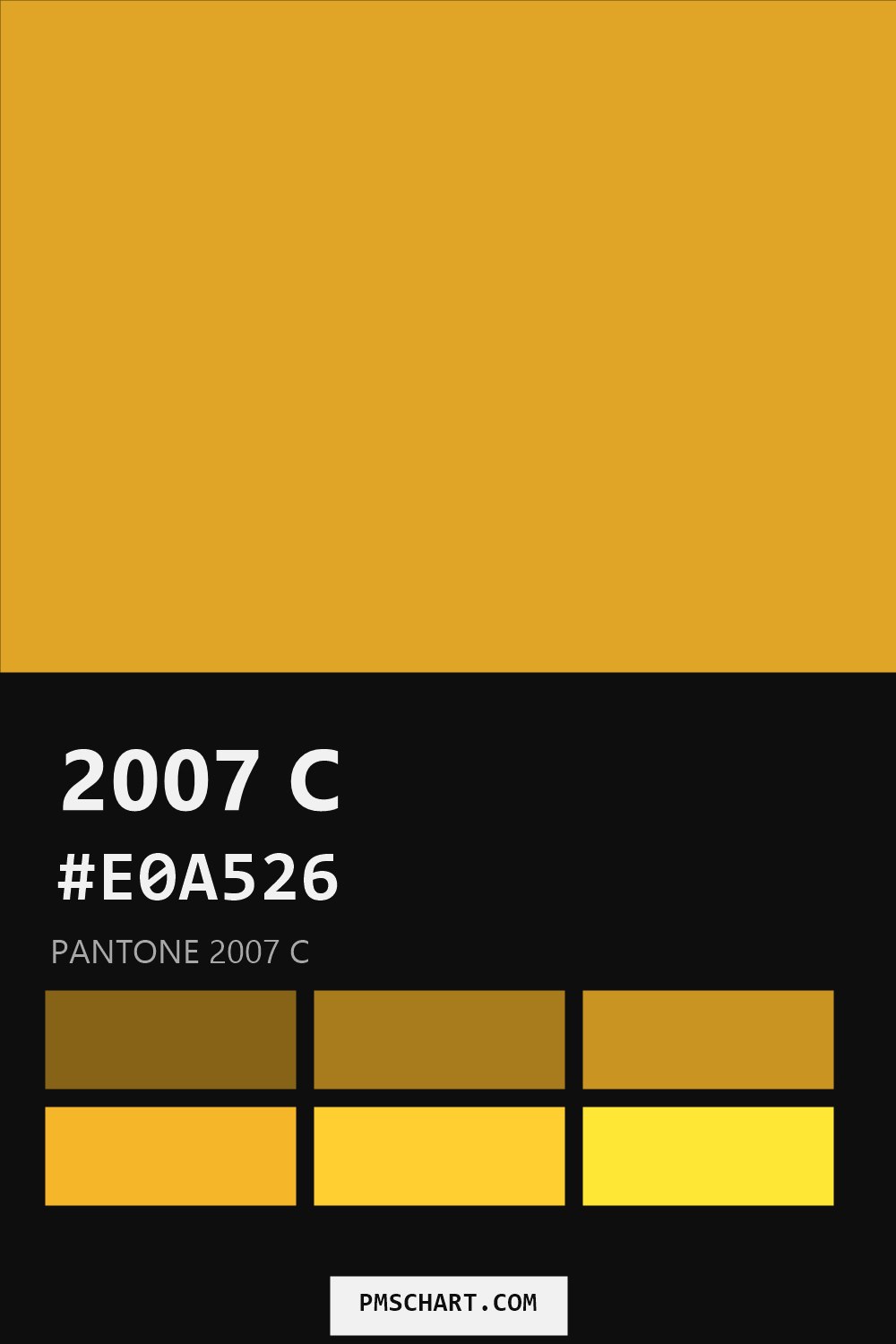 Pantone 2007 C color reference card (HEX #E0A526) with six nearest Pantone matches