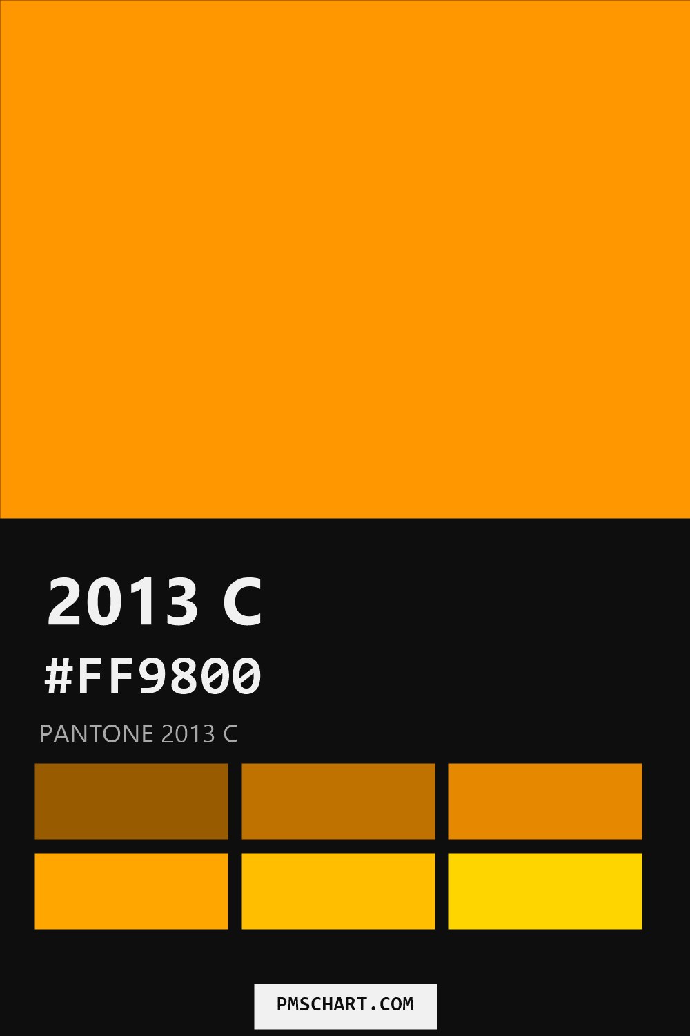 Pantone 2013 C color reference card (HEX #FF9800) with six nearest Pantone matches