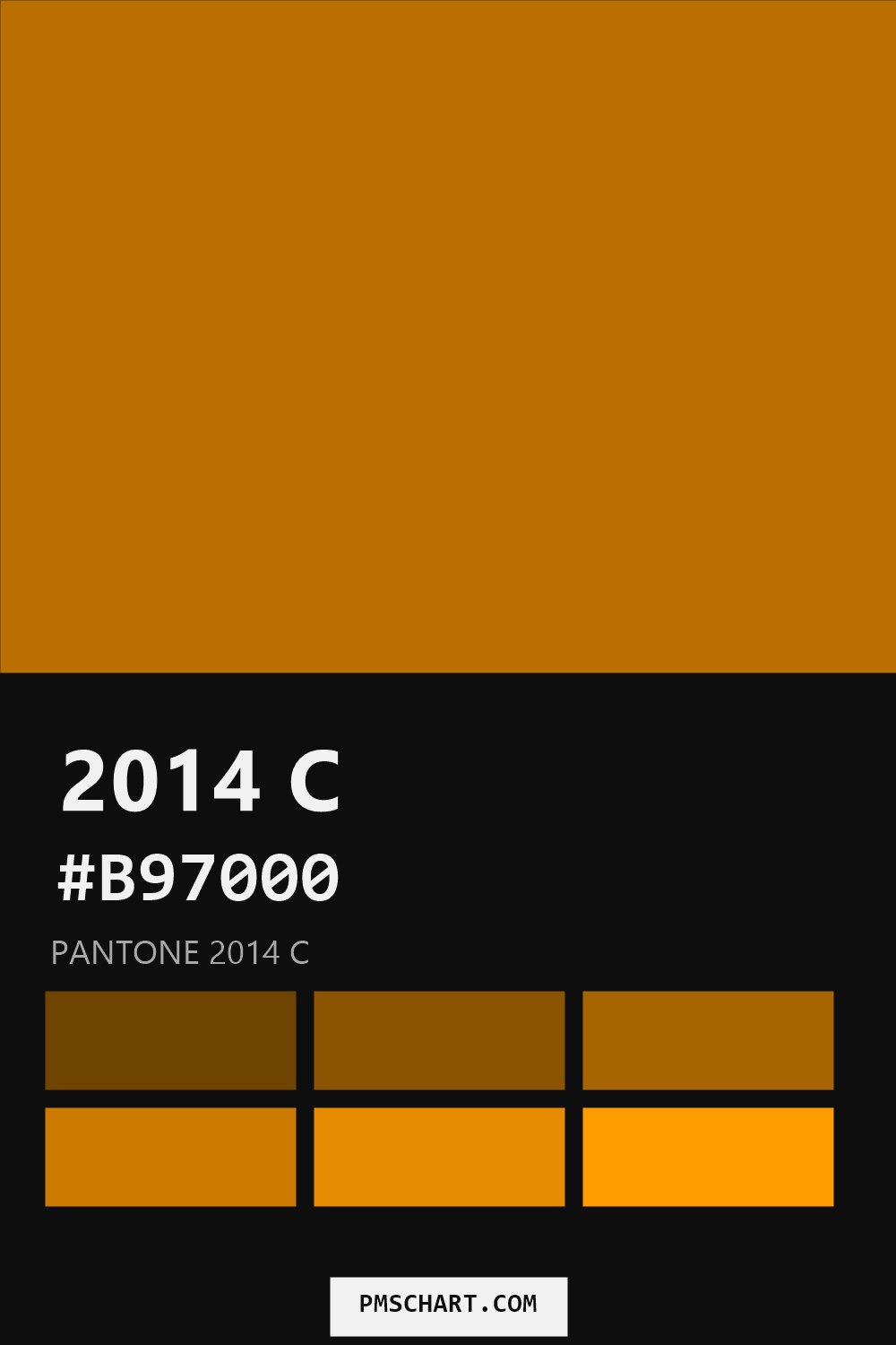 Pantone 2014 C color reference card (HEX #B97000) with six nearest Pantone matches