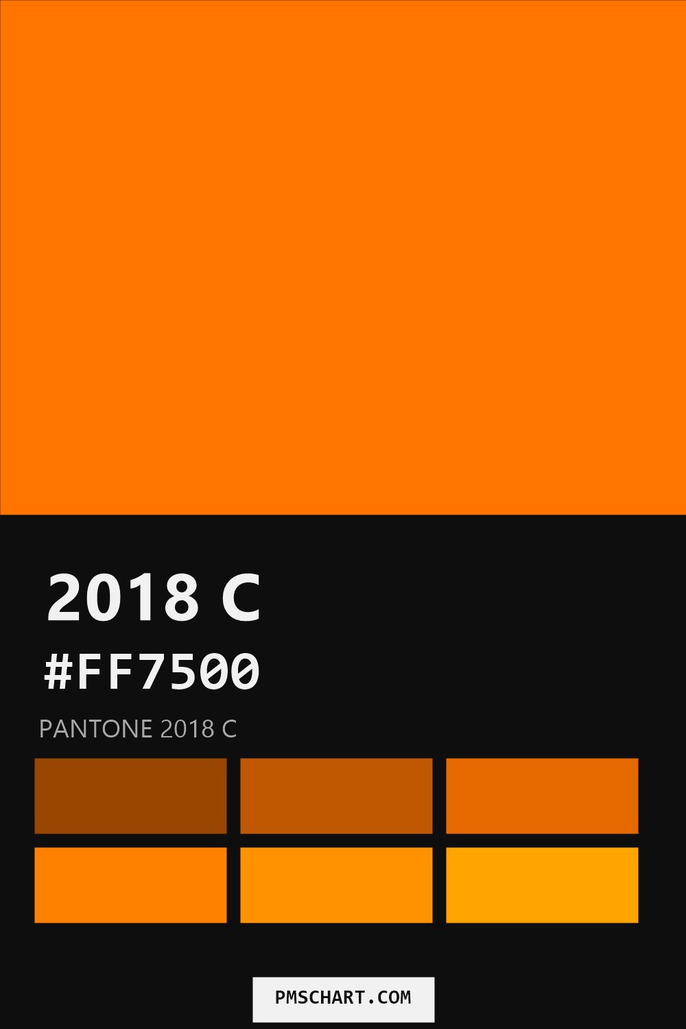 Pantone 2018 C color reference card (HEX #FF7500) with six nearest Pantone matches