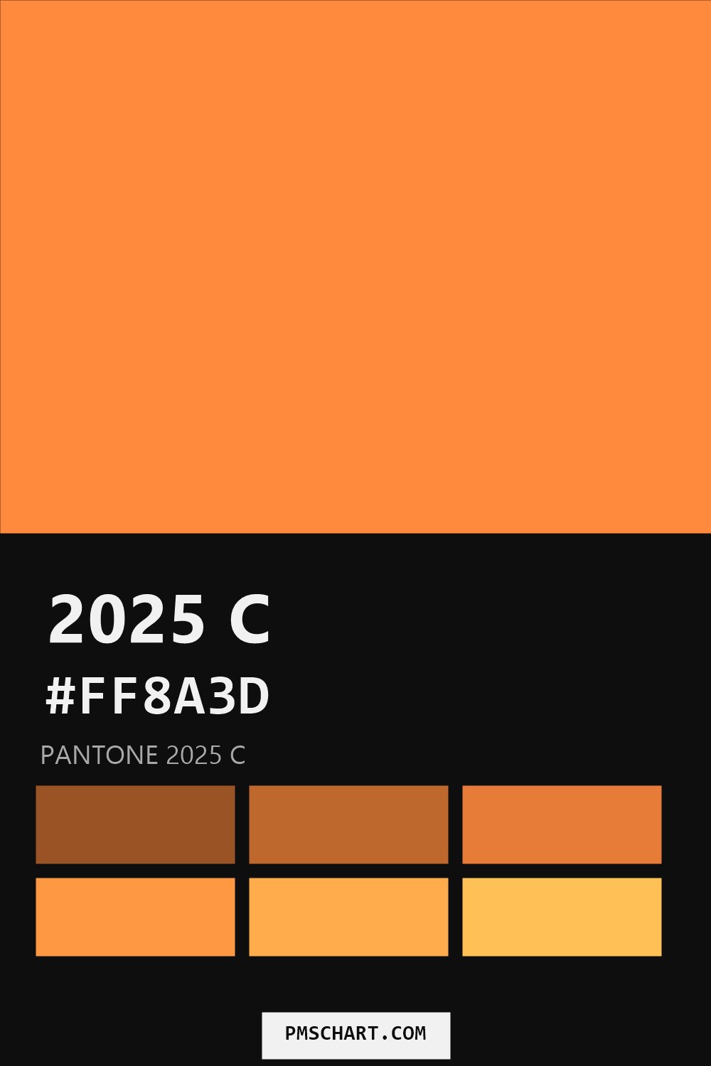 Pantone 2025 C color reference card (HEX #FF8A3D) with six nearest Pantone matches