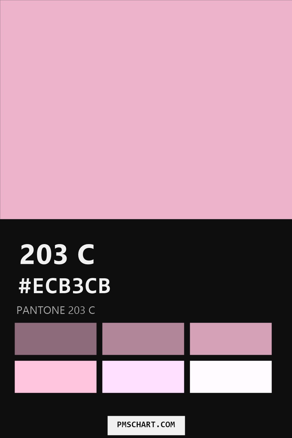 Pantone 203 C color reference card (HEX #ECB3CB) with six nearest Pantone matches