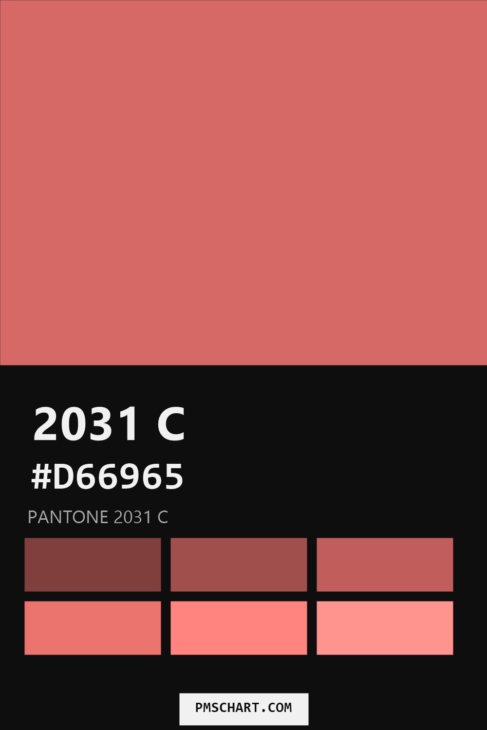 Pantone 2031 C color reference card (HEX #D66965) with six nearest Pantone matches