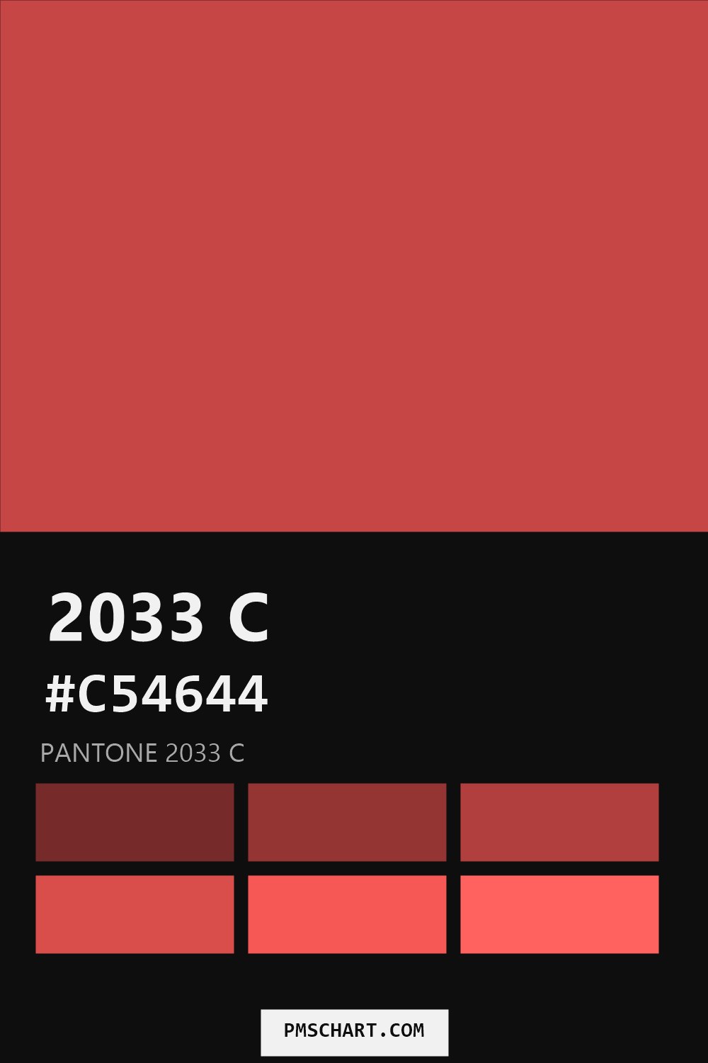 Pantone 2033 C color reference card (HEX #C54644) with six nearest Pantone matches