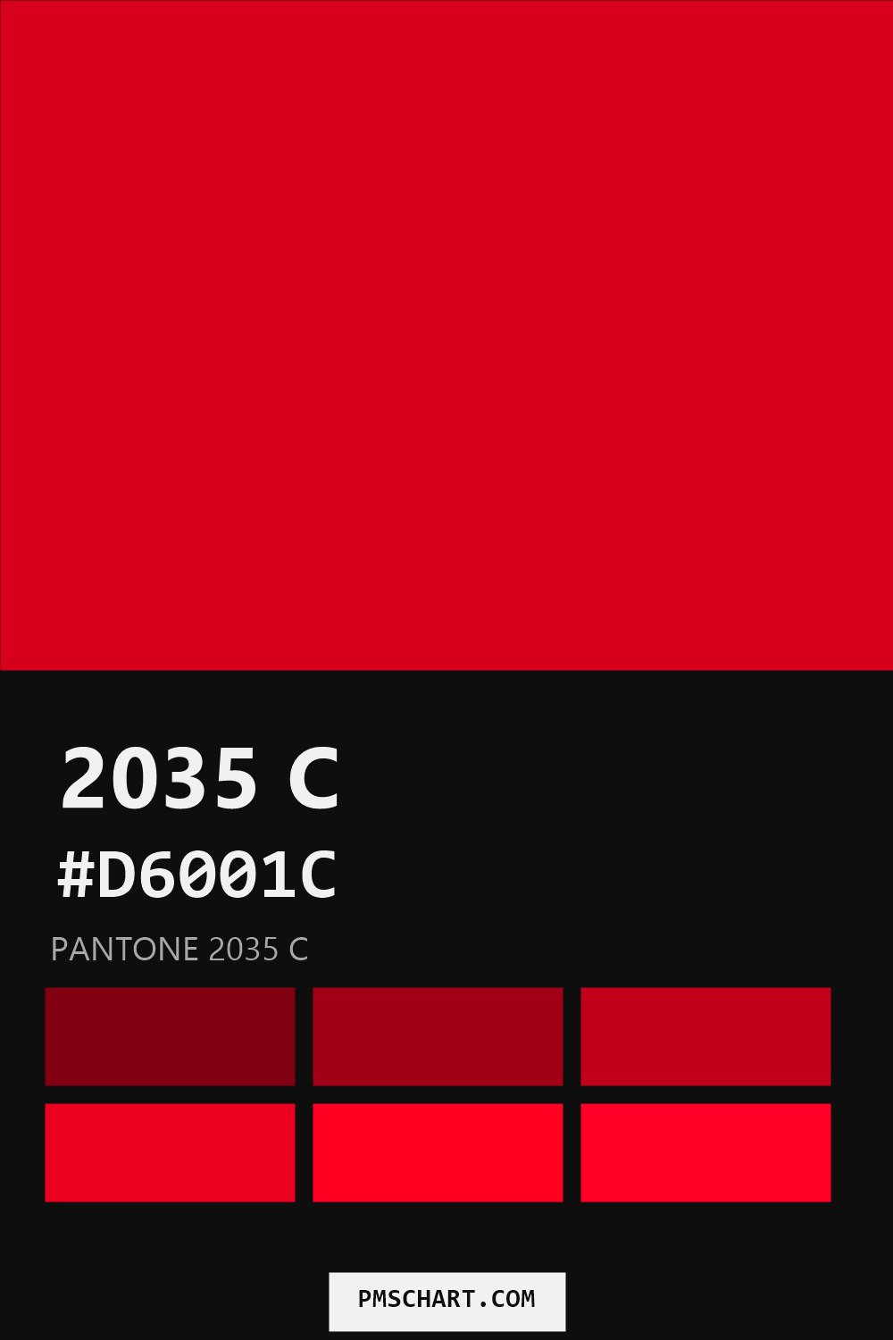 Pantone 2035 C color reference card (HEX #D6001C) with six nearest Pantone matches