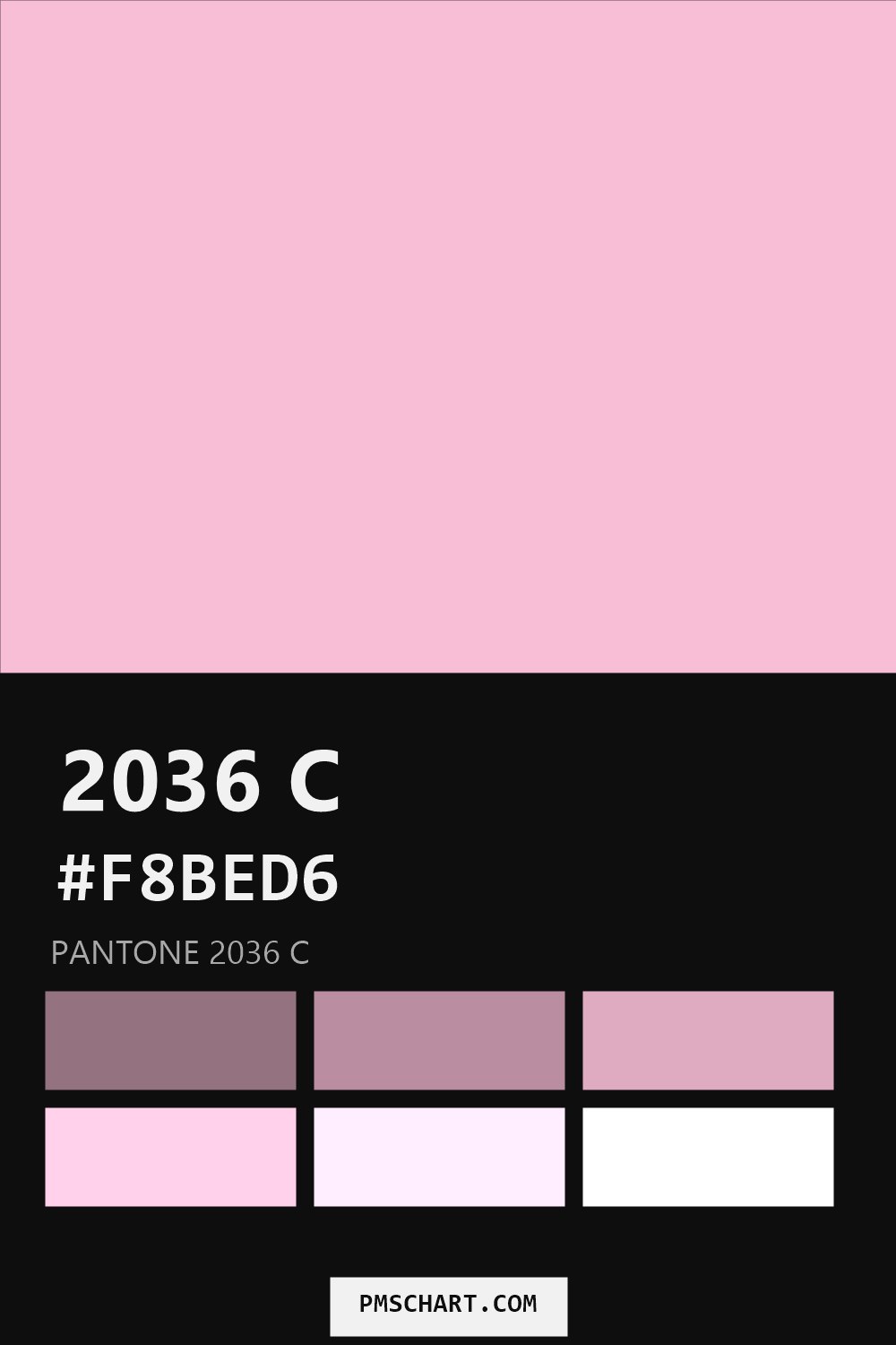 Pantone 2036 C color reference card (HEX #F8BED6) with six nearest Pantone matches