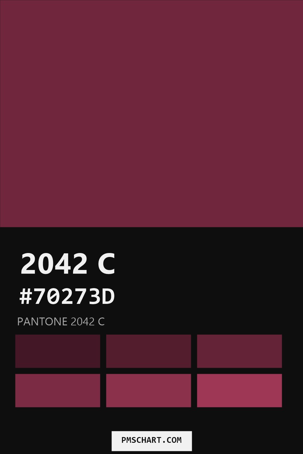 Pantone 2042 C color reference card (HEX #70273D) with six nearest Pantone matches
