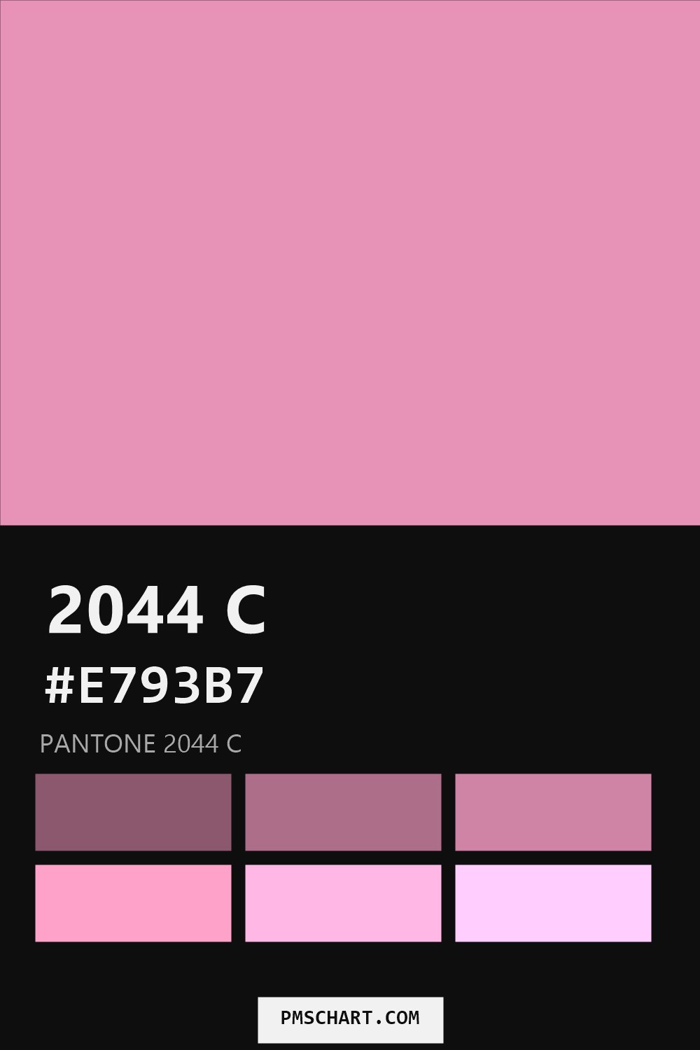 Pantone 2044 C color reference card (HEX #E793B7) with six nearest Pantone matches