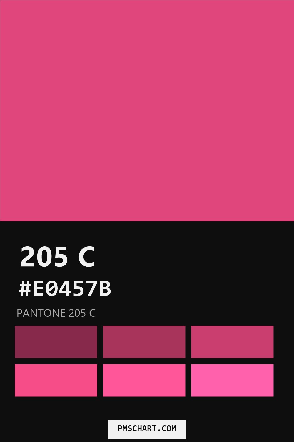 Pantone 205 C color reference card (HEX #E0457B) with six nearest Pantone matches
