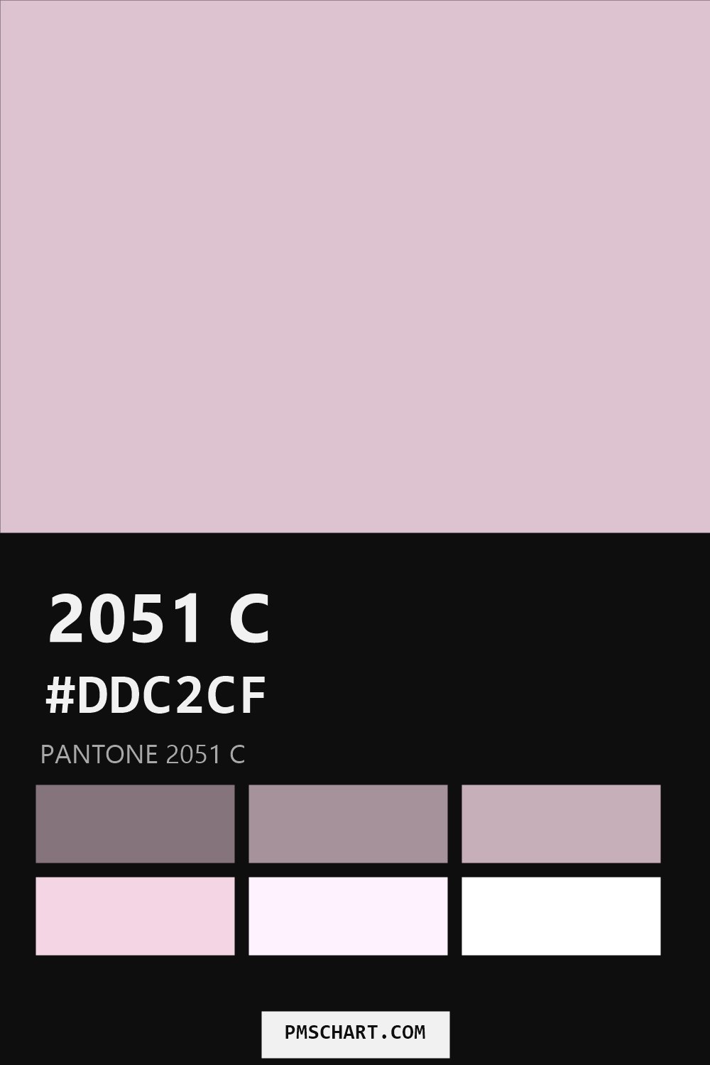 Pantone 2051 C color reference card (HEX #DDC2CF) with six nearest Pantone matches