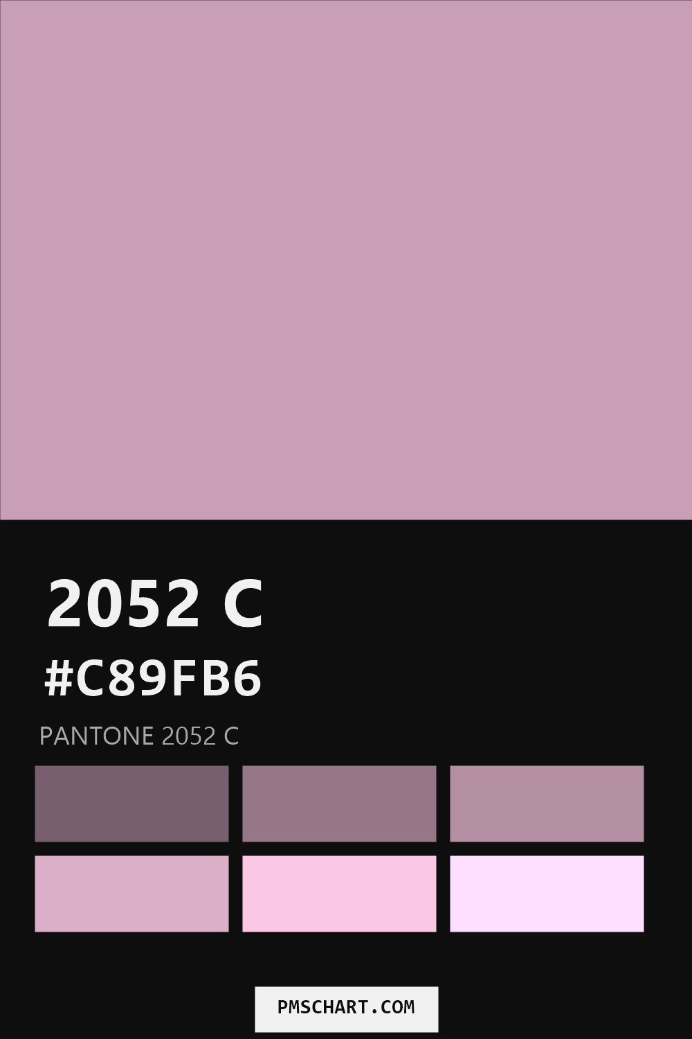 Pantone 2052 C color reference card (HEX #C89FB6) with six nearest Pantone matches