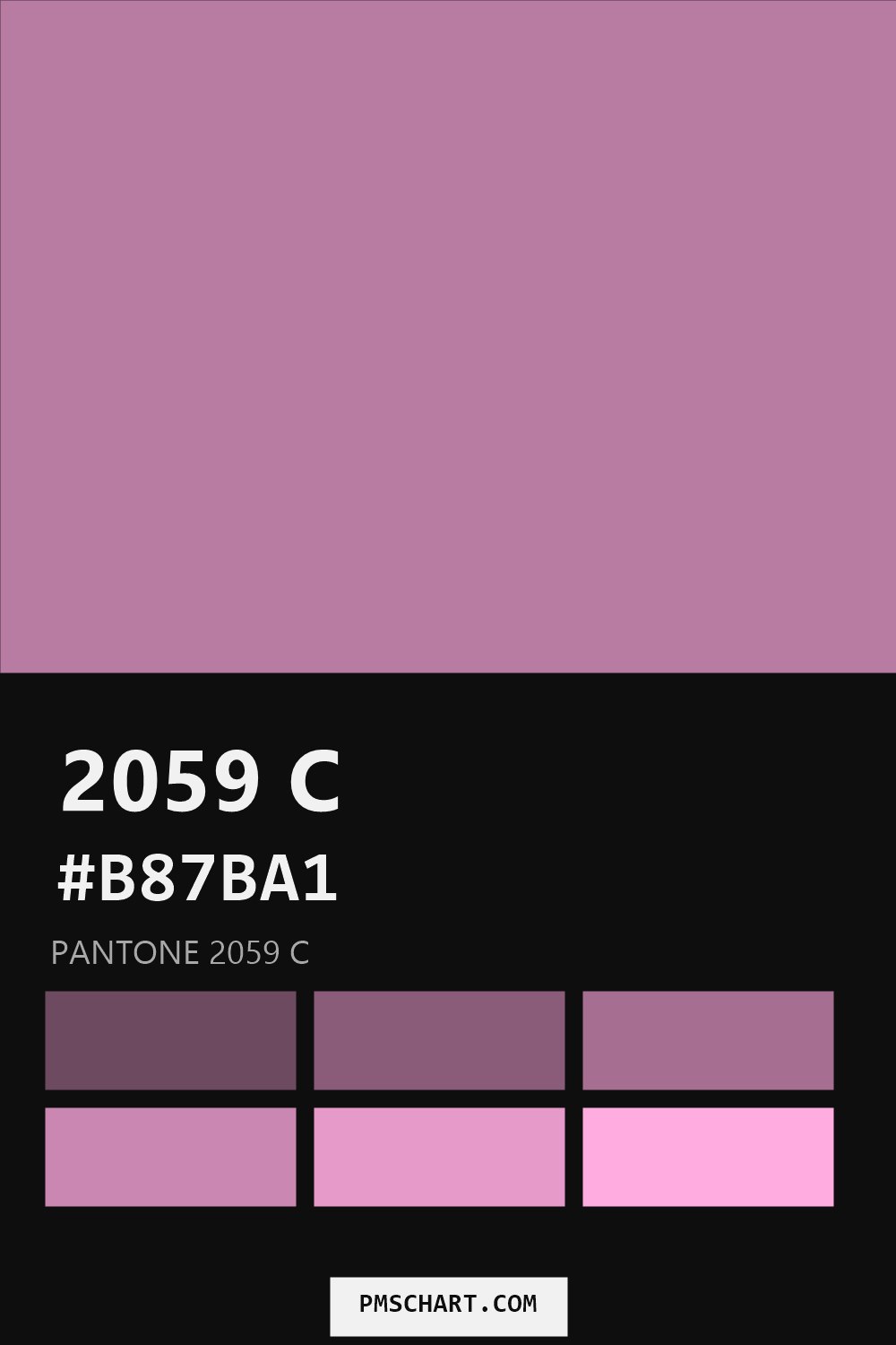Pantone 2059 C color reference card (HEX #B87BA1) with six nearest Pantone matches